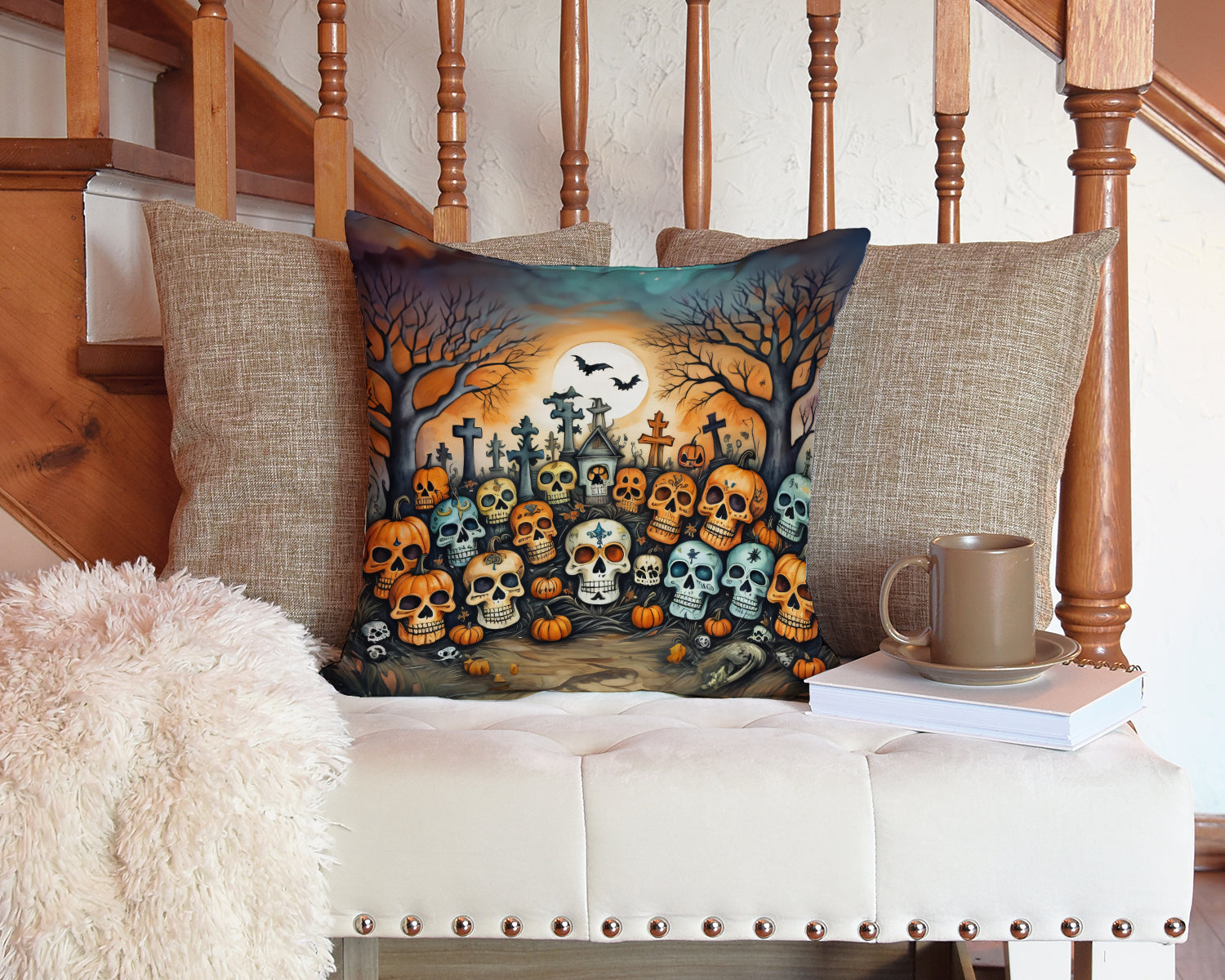 Calaveras Sugar Skulls Spooky Halloween Fabric Decorative Pillow
