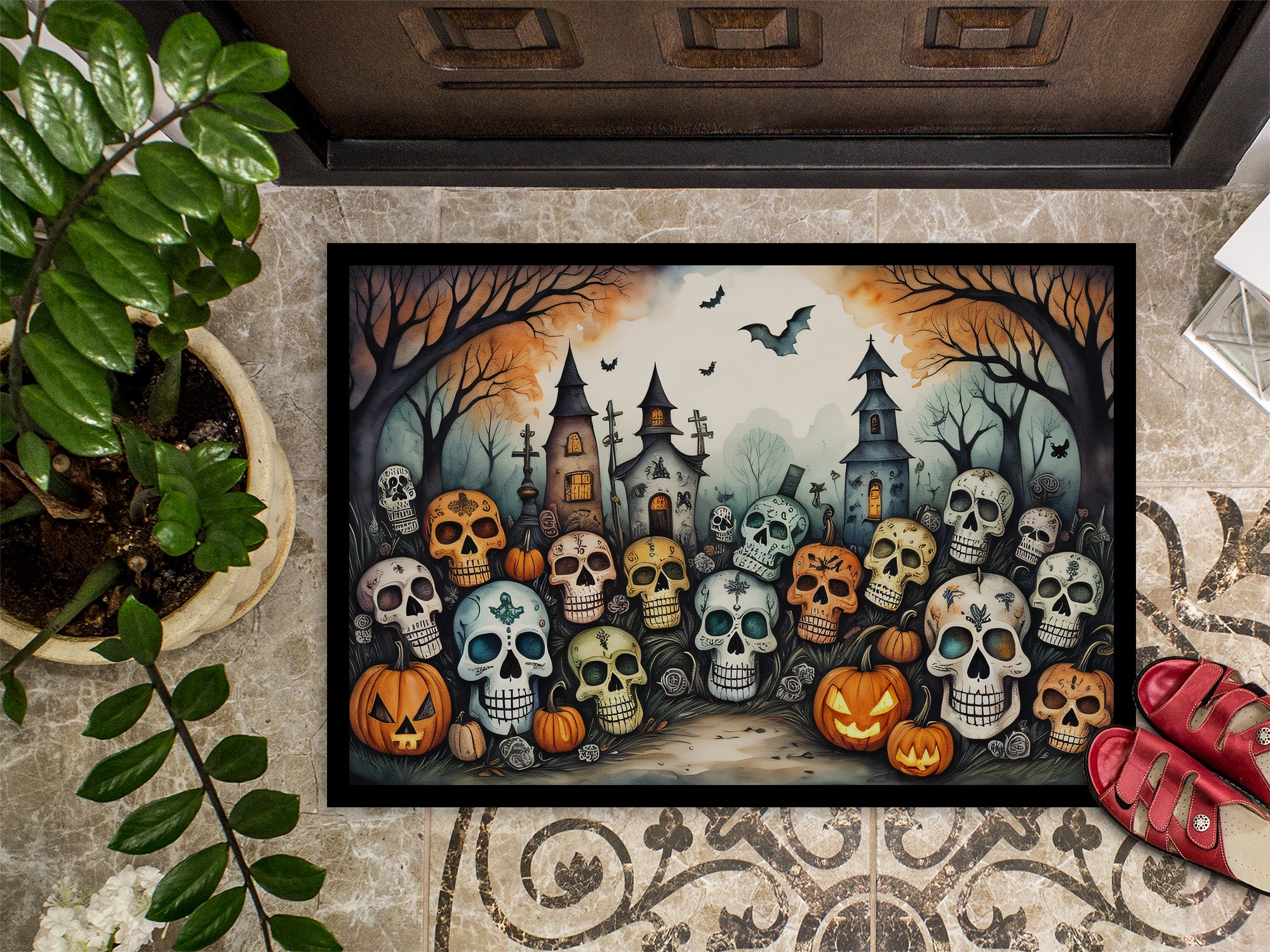 Calaveras Sugar Skulls Spooky Halloween Doormat 18x27