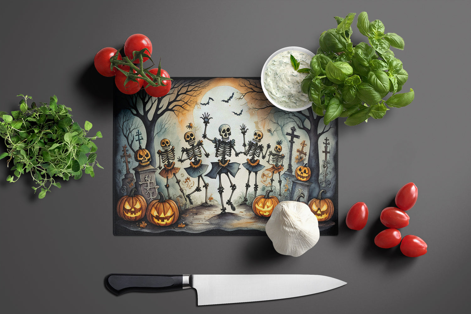 Dancing Skeletons Spooky Halloween Glass Cutting Board Large