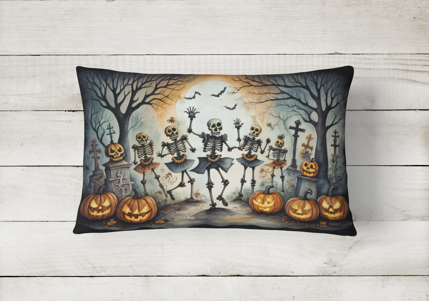 Dancing Skeletons Spooky Halloween Fabric Decorative Pillow