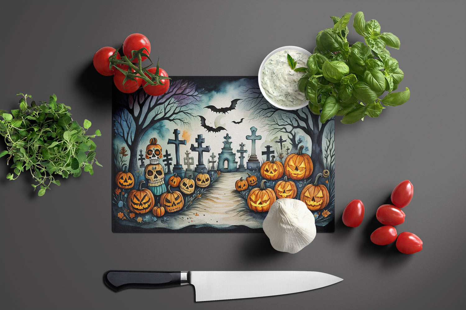 Day of the Dead Spooky Halloween Glass Cutting Board Large
