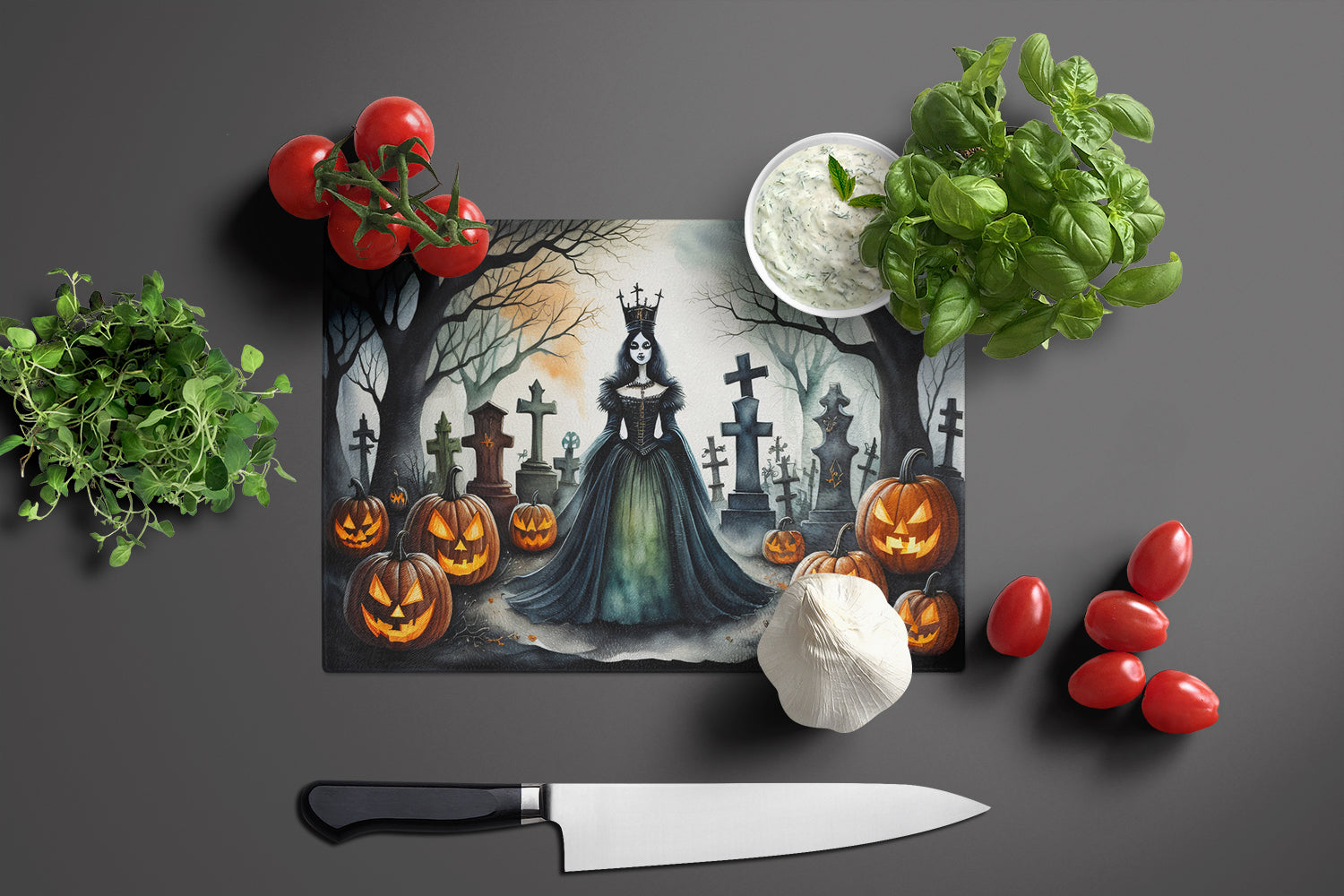 Evil Queen Spooky Halloween Glass Cutting Board Large
