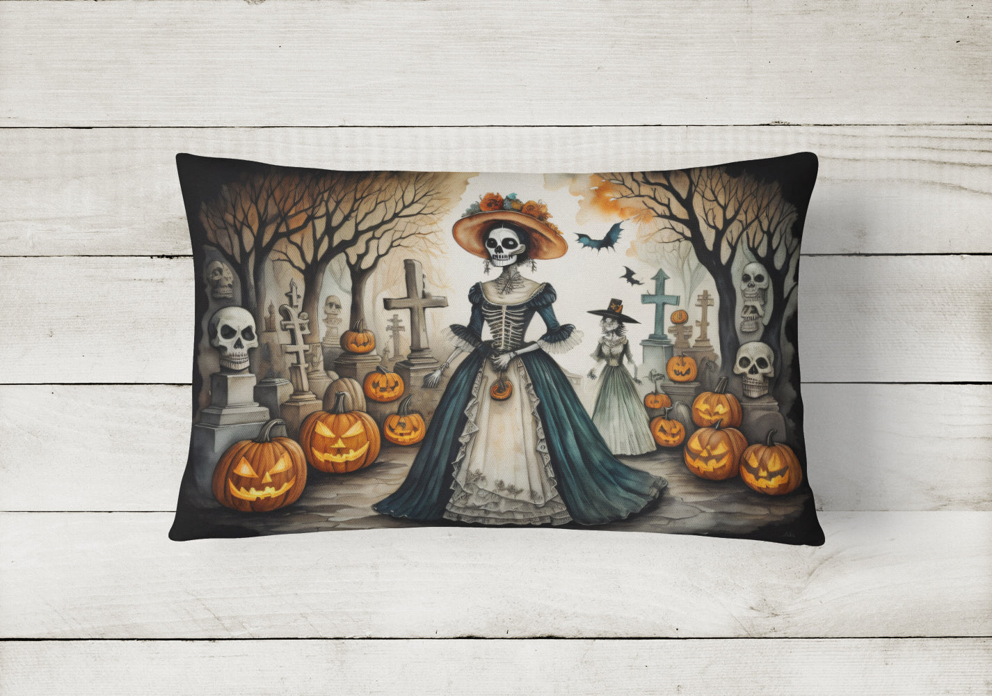 La Catrina Skeleton Spooky Halloween Fabric Decorative Pillow
