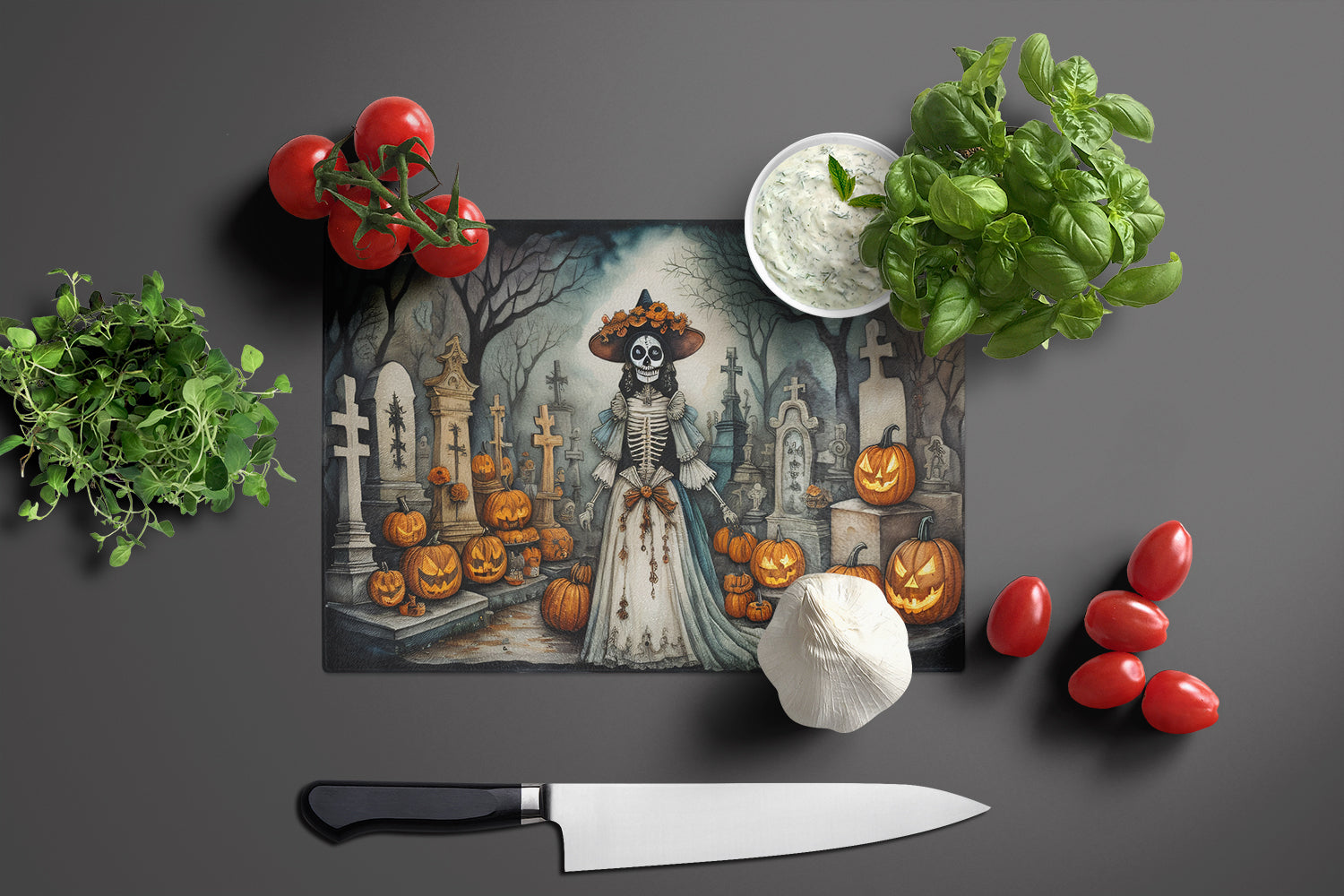 La Catrina Skeleton Spooky Halloween Glass Cutting Board Large