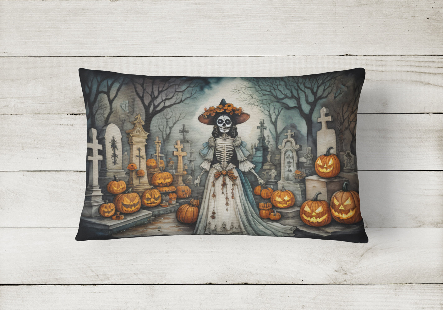 La Catrina Skeleton Spooky Halloween Fabric Decorative Pillow