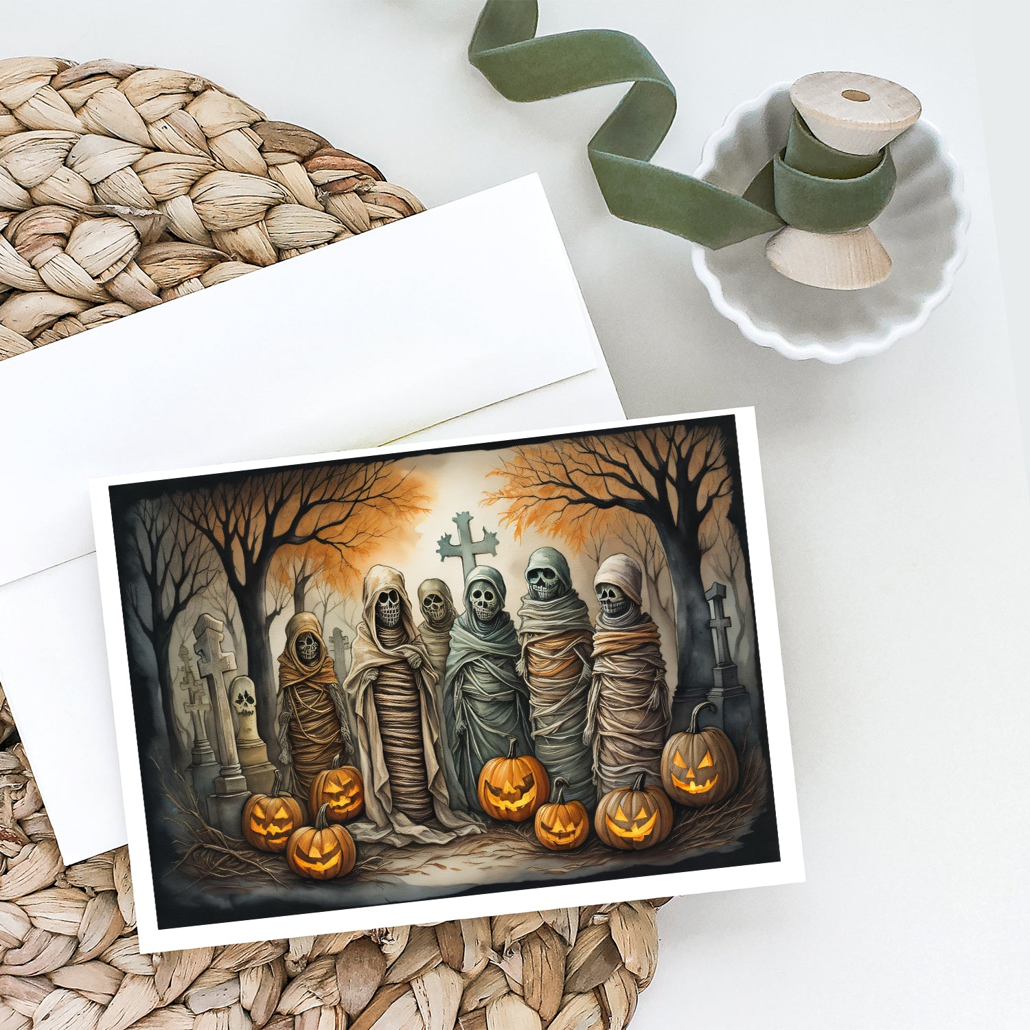 Caroline's Treasures Mummies Spooky Halloween Greeting Cards - Blank Note Cards – 8-Pack of Artist-Designed Cards with Envelopes