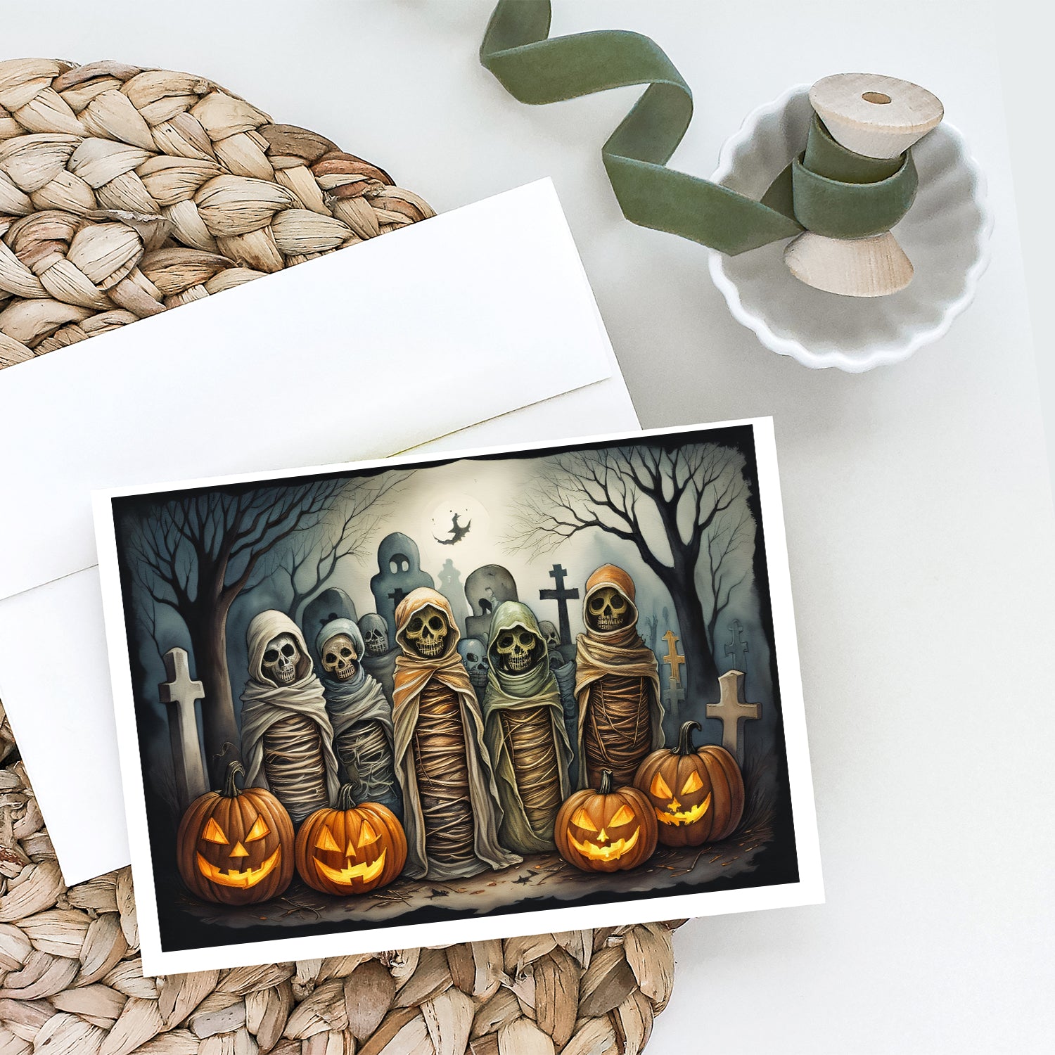 Caroline's Treasures Mummies Spooky Halloween Greeting Cards - Blank Note Cards – 8-Pack of Artist-Designed Cards with Envelopes