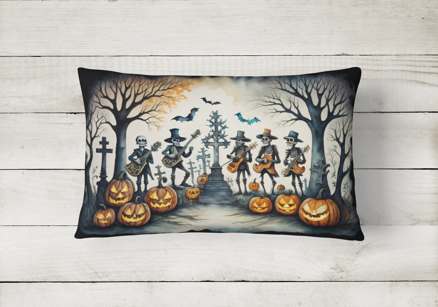 Mariachi Skeleton Band Spooky Halloween Fabric Decorative Pillow