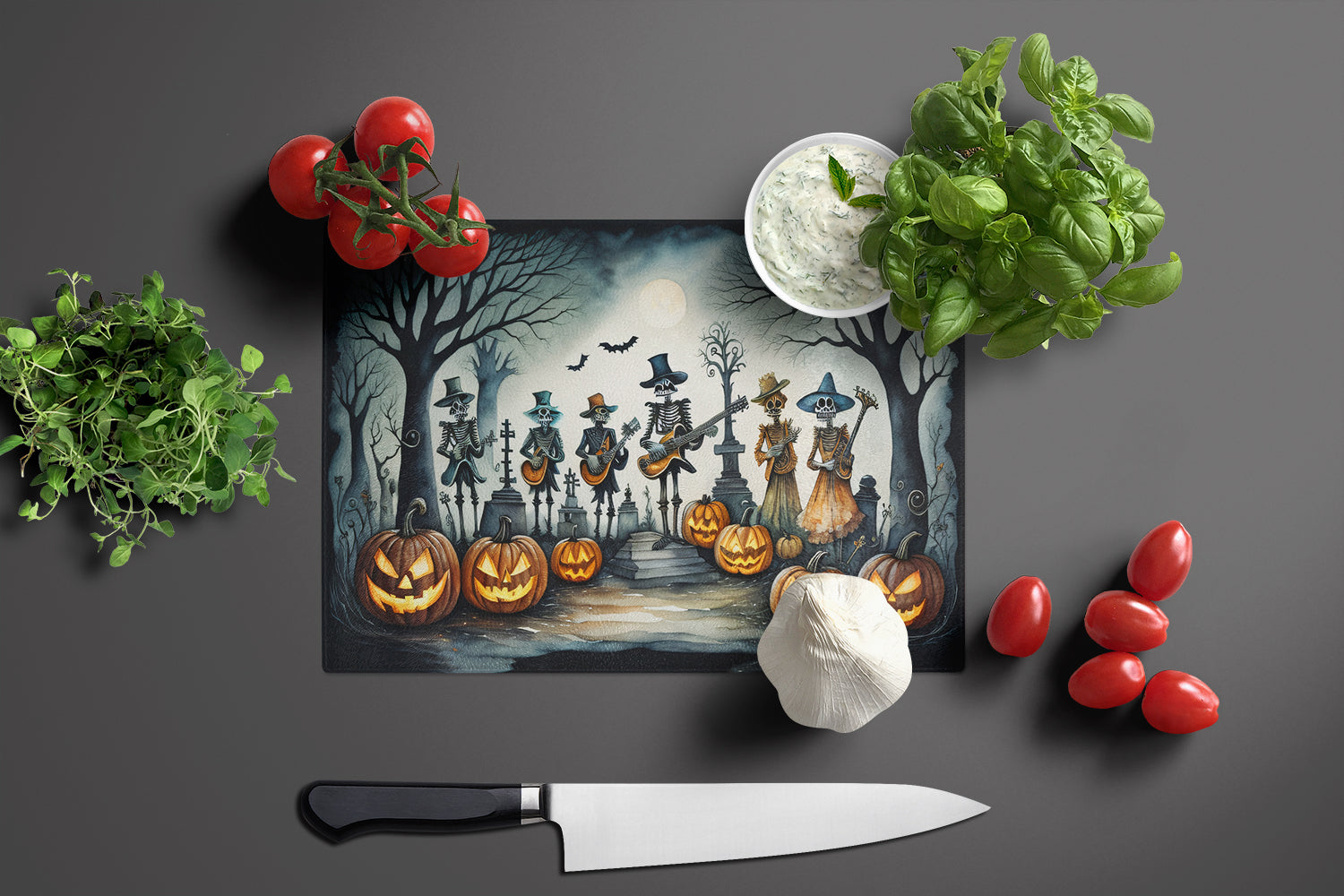 Mariachi Skeleton Band Spooky Halloween Glass Cutting Board Large