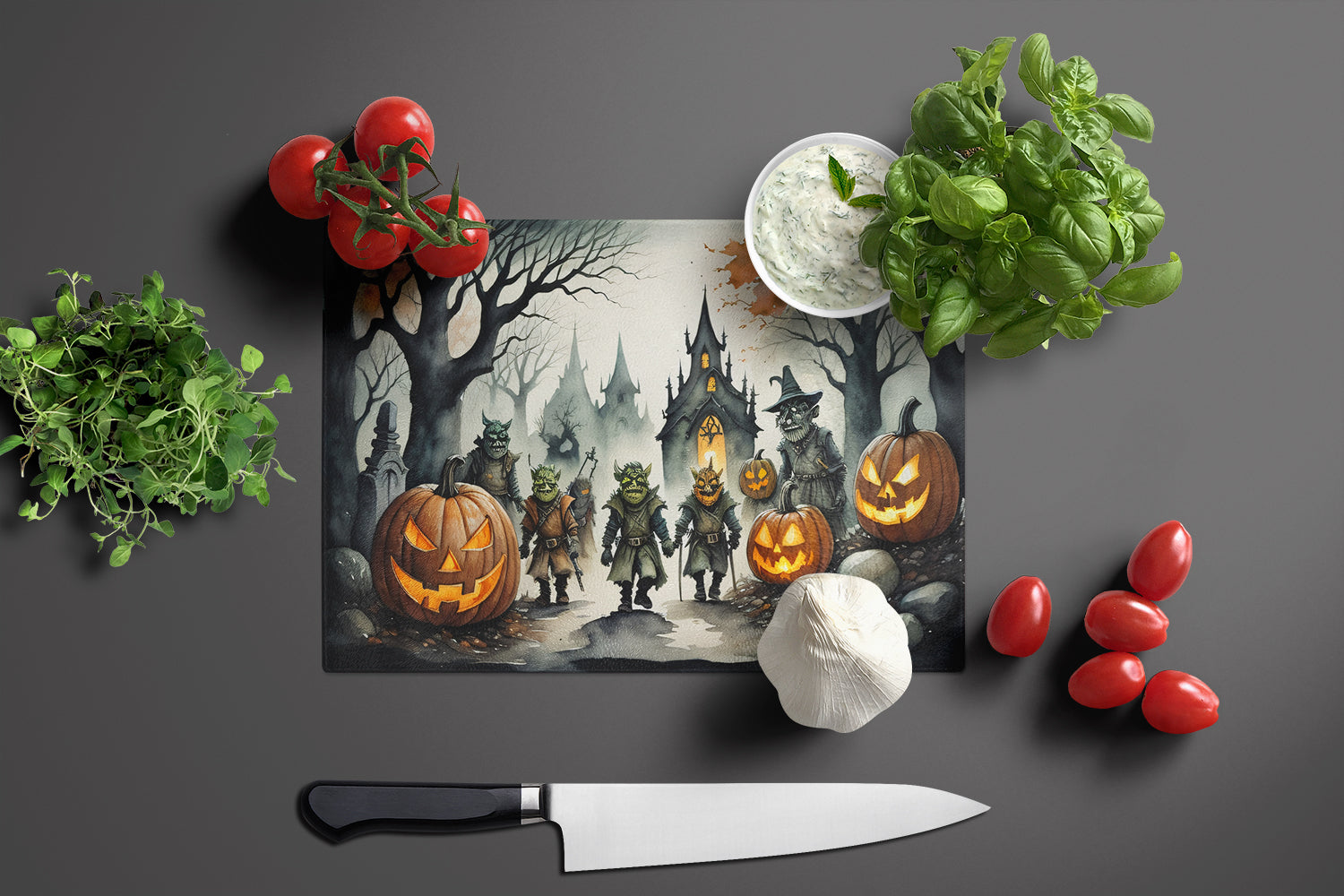 Orcs Spooky Halloween Glass Cutting Board Large