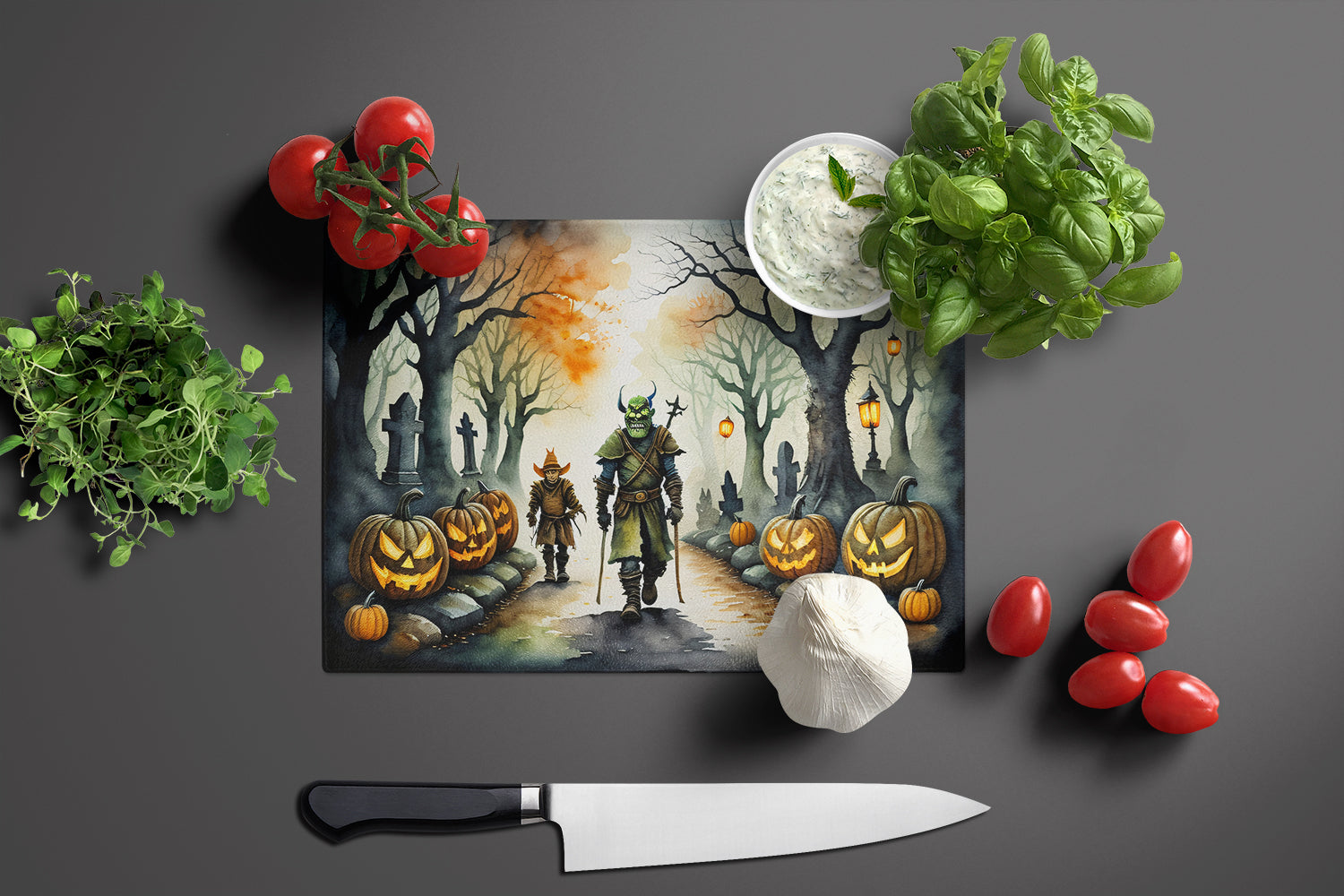 Orcs Spooky Halloween Glass Cutting Board Large