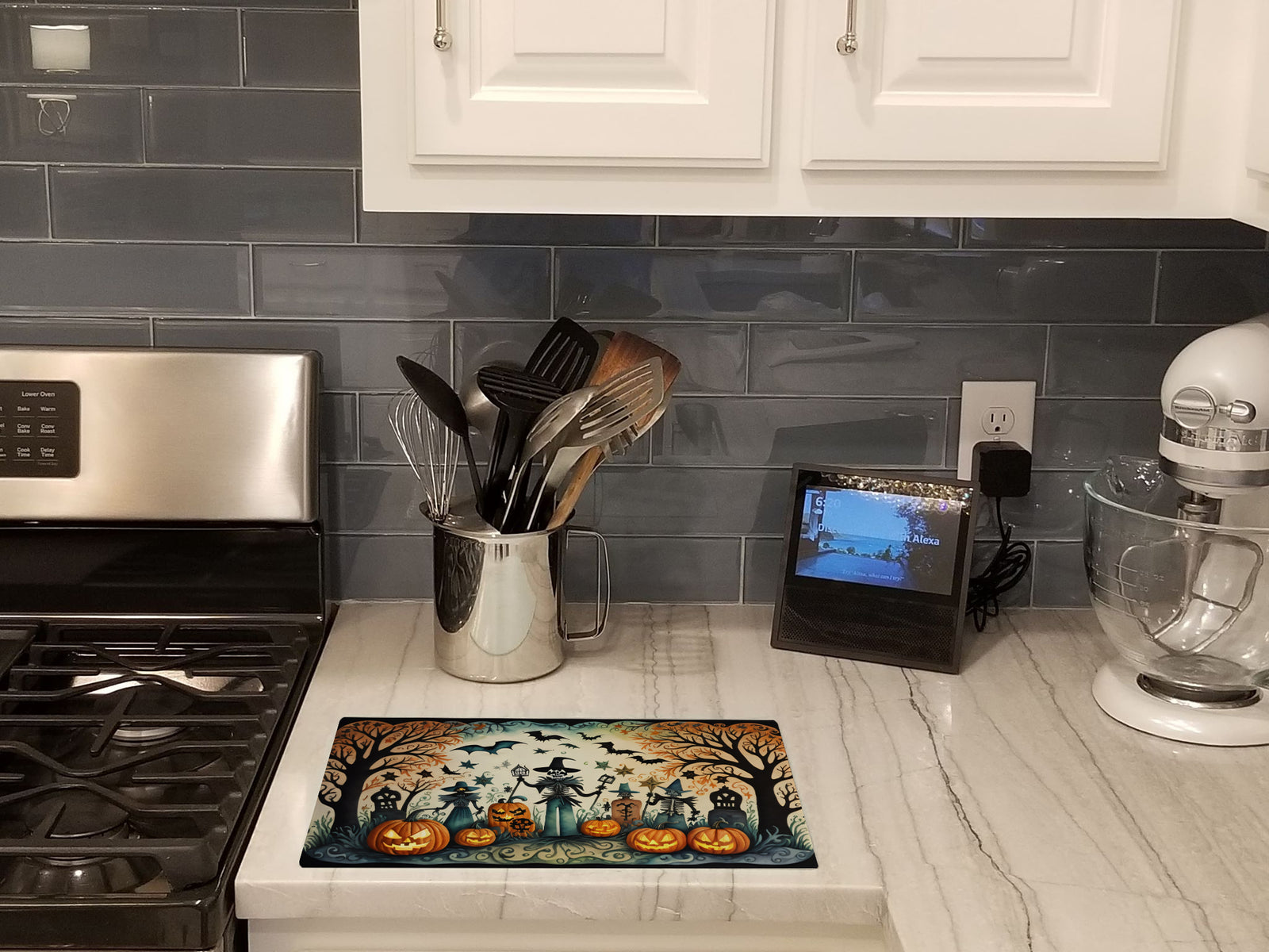 Caroline's Treasures Papel Picado Skeletons Spooky Halloween Glass Cutting Boards – Durable, Decorative Kitchen Art Large