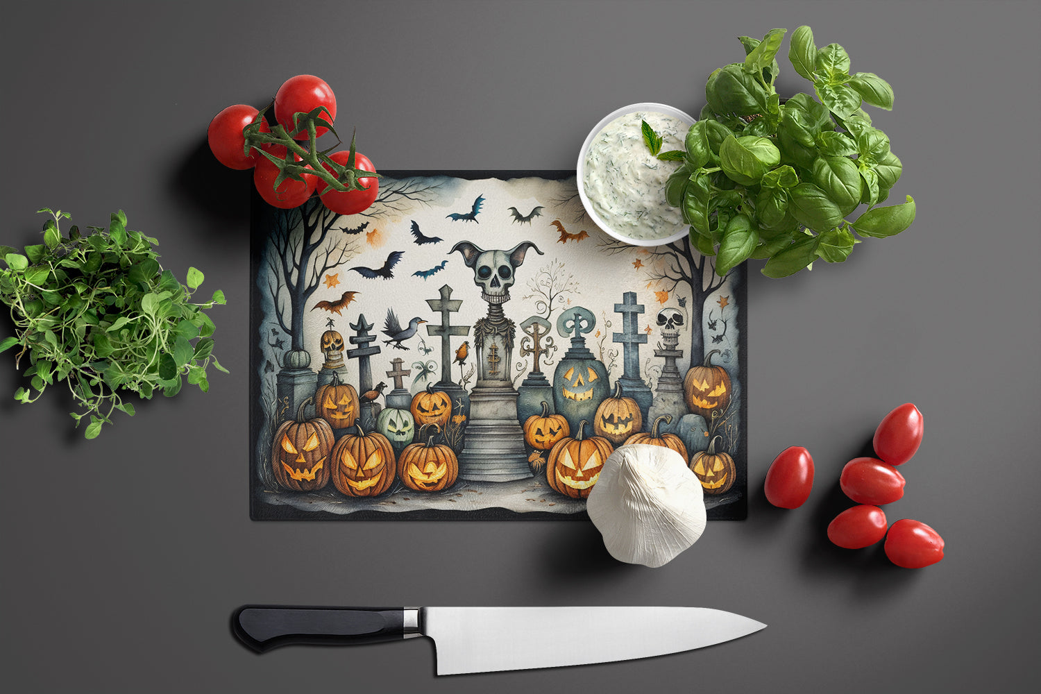 Pet Cemetery Spooky Halloween Glass Cutting Board Large