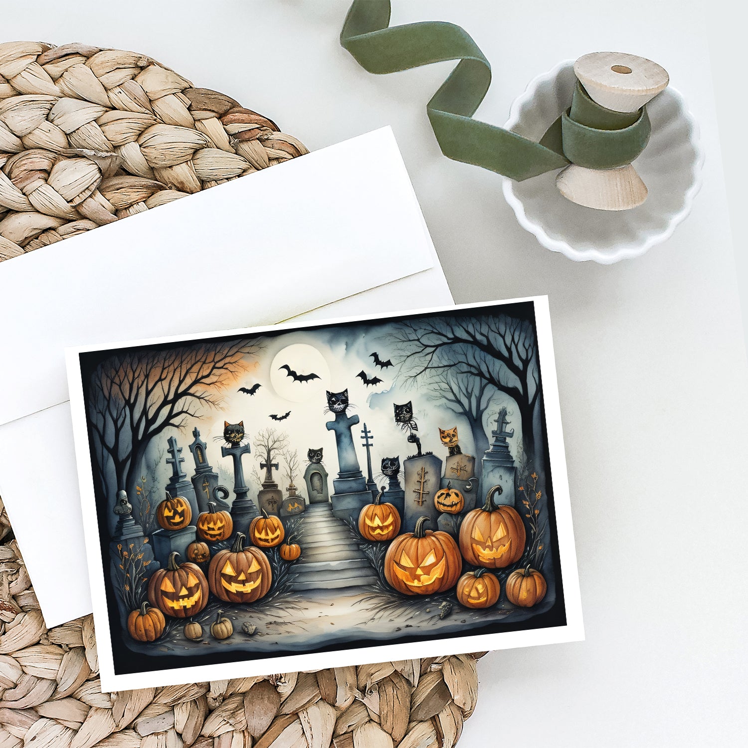 Cat Cemetery Spooky Halloween Greeting Cards and Envelopes Pack of 8