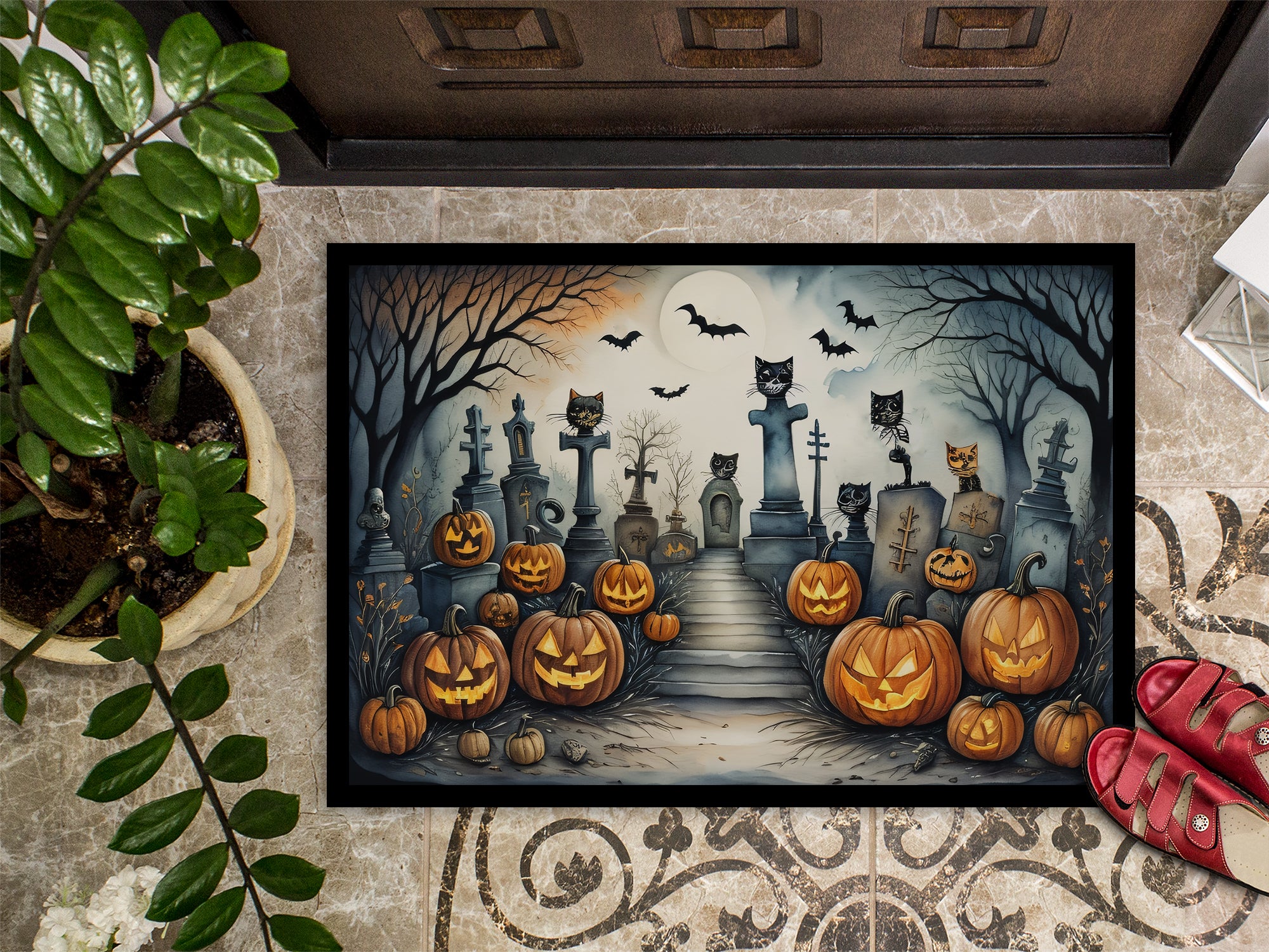 Cat Cemetery Spooky Halloween Indoor or Outdoor Mat 24x36