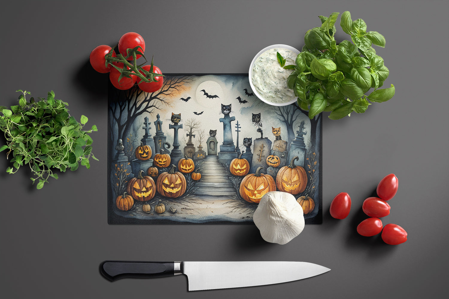 Cat Cemetery Spooky Halloween Glass Cutting Board Large