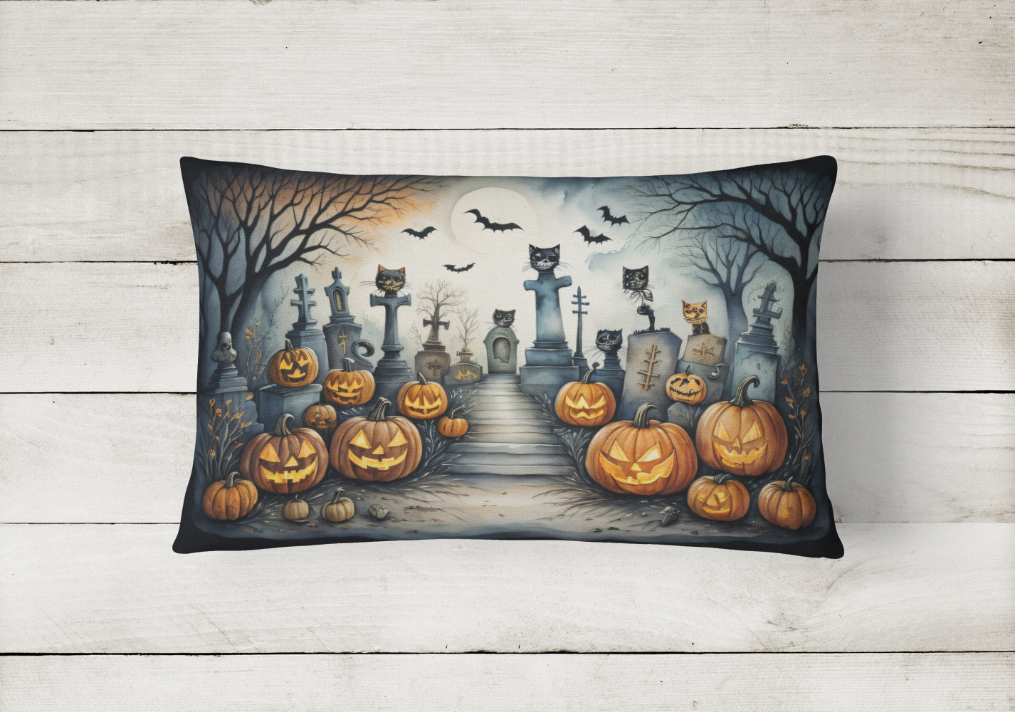 Cat Cemetery Spooky Halloween Fabric Decorative Pillow