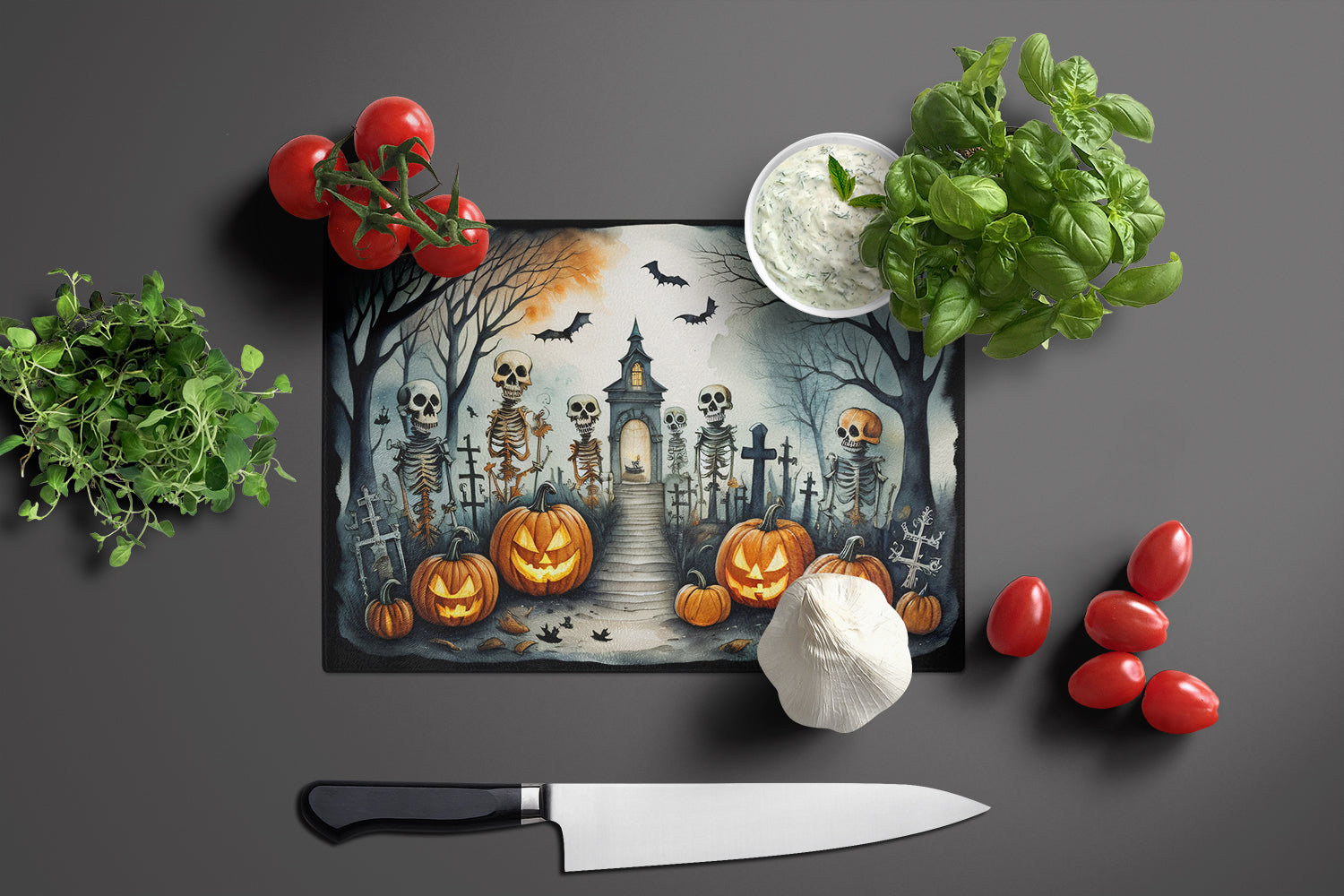 Skeleton Spooky Halloween Glass Cutting Board Large