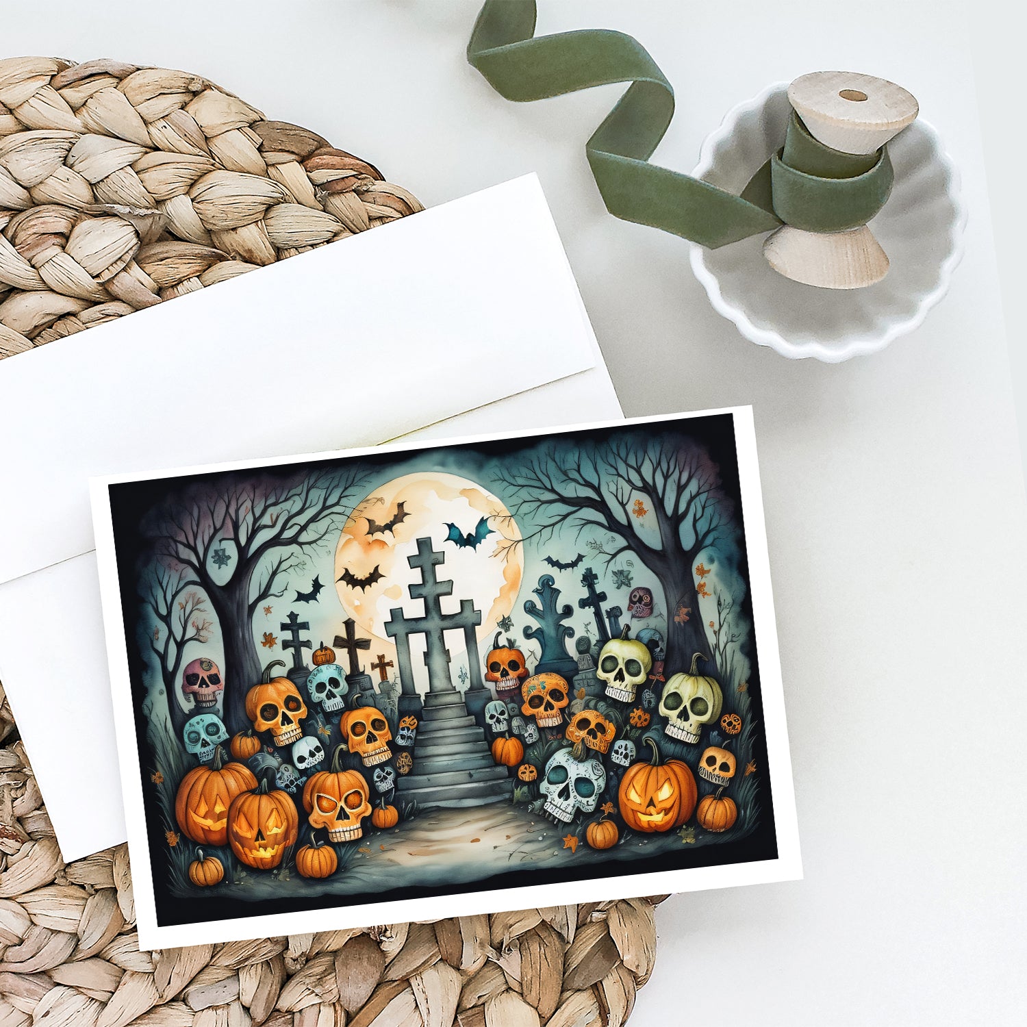 Calaveras Sugar Skulls Spooky Halloween Greeting Cards and Envelopes Pack of 8