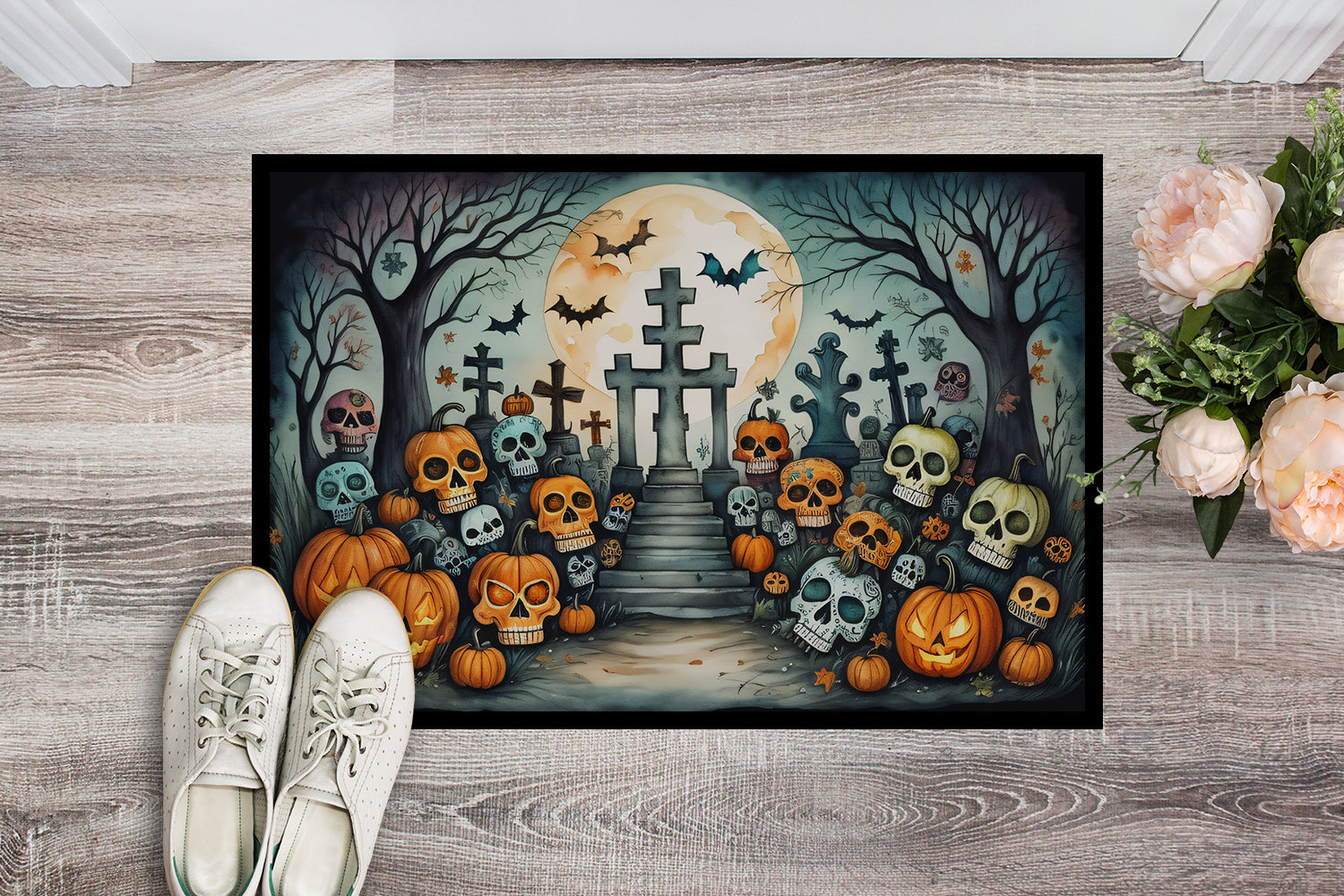 Calaveras Sugar Skulls Spooky Halloween Indoor or Outdoor Mat 24x36