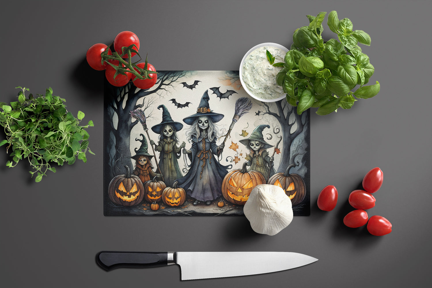 Witches Spooky Halloween Glass Cutting Board Large