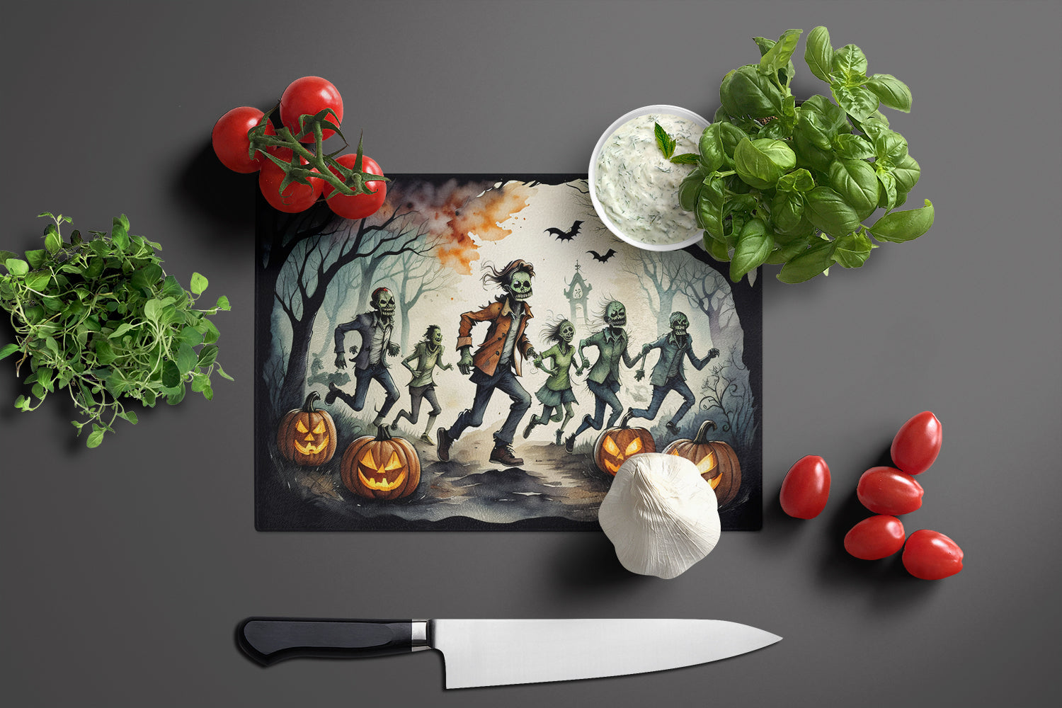 Zombies Spooky Halloween Glass Cutting Board Large