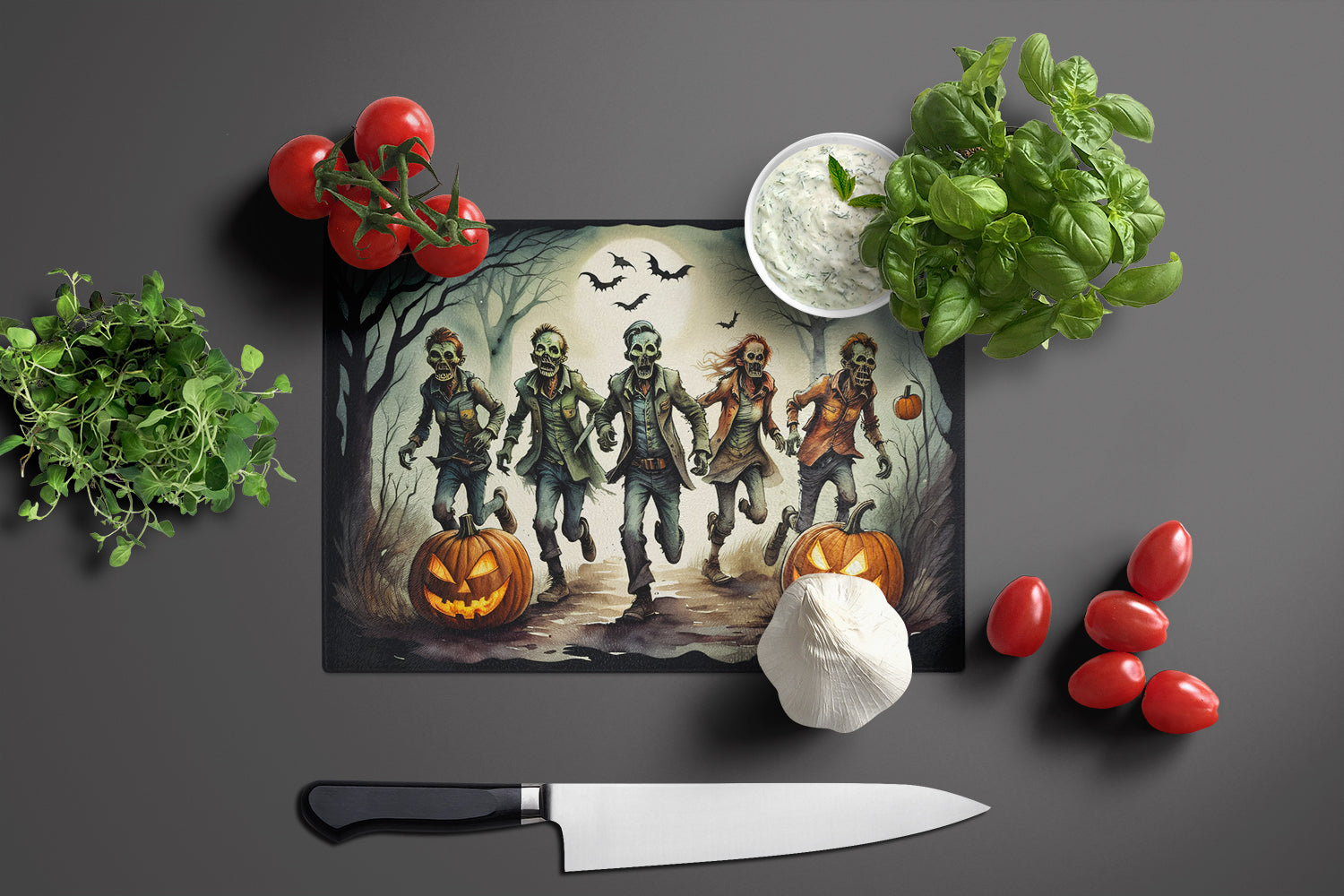 Zombies Spooky Halloween Glass Cutting Board Large