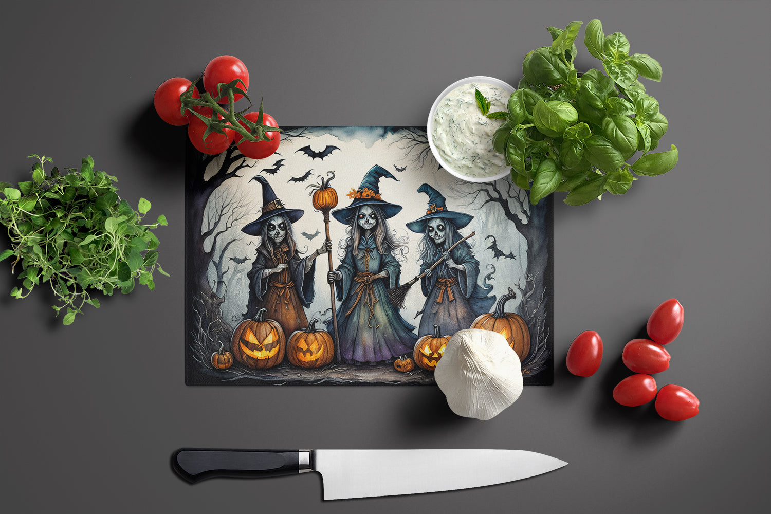 Witches Spooky Halloween Glass Cutting Board Large