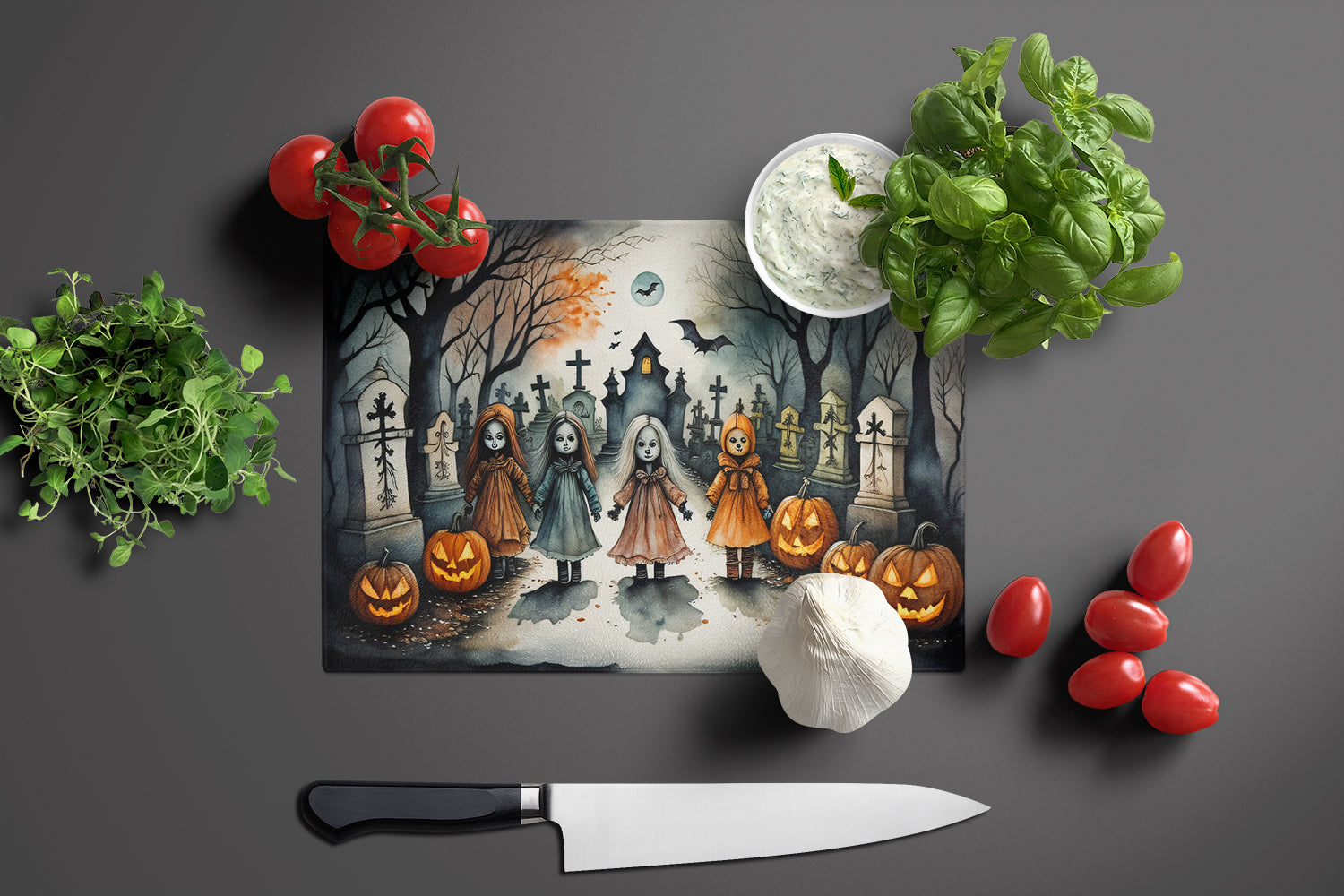 Creepy Dolls Spooky Halloween Glass Cutting Board Large
