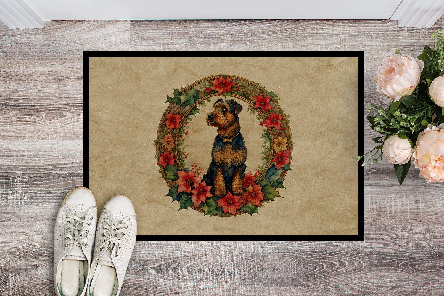 Airedale Terrier Christmas Flowers Doormat