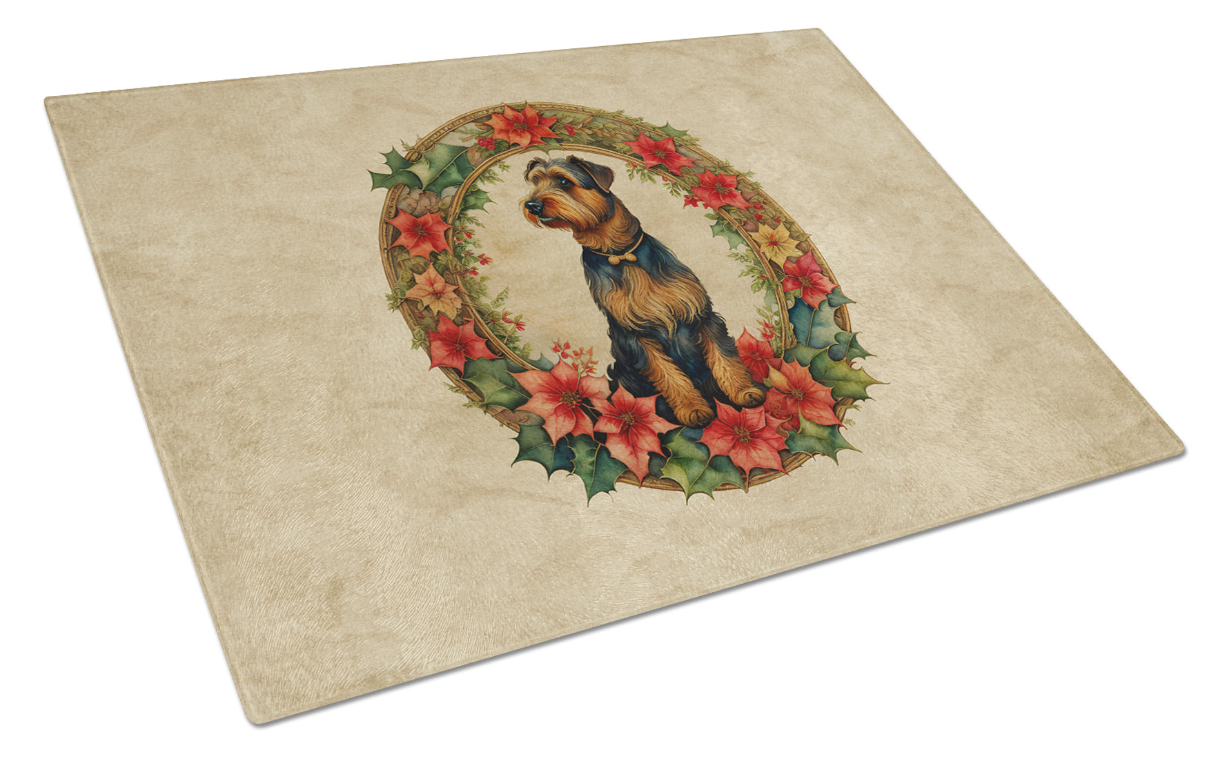 Buy this Airedale Terrier Christmas Flowers Glass Cutting Board