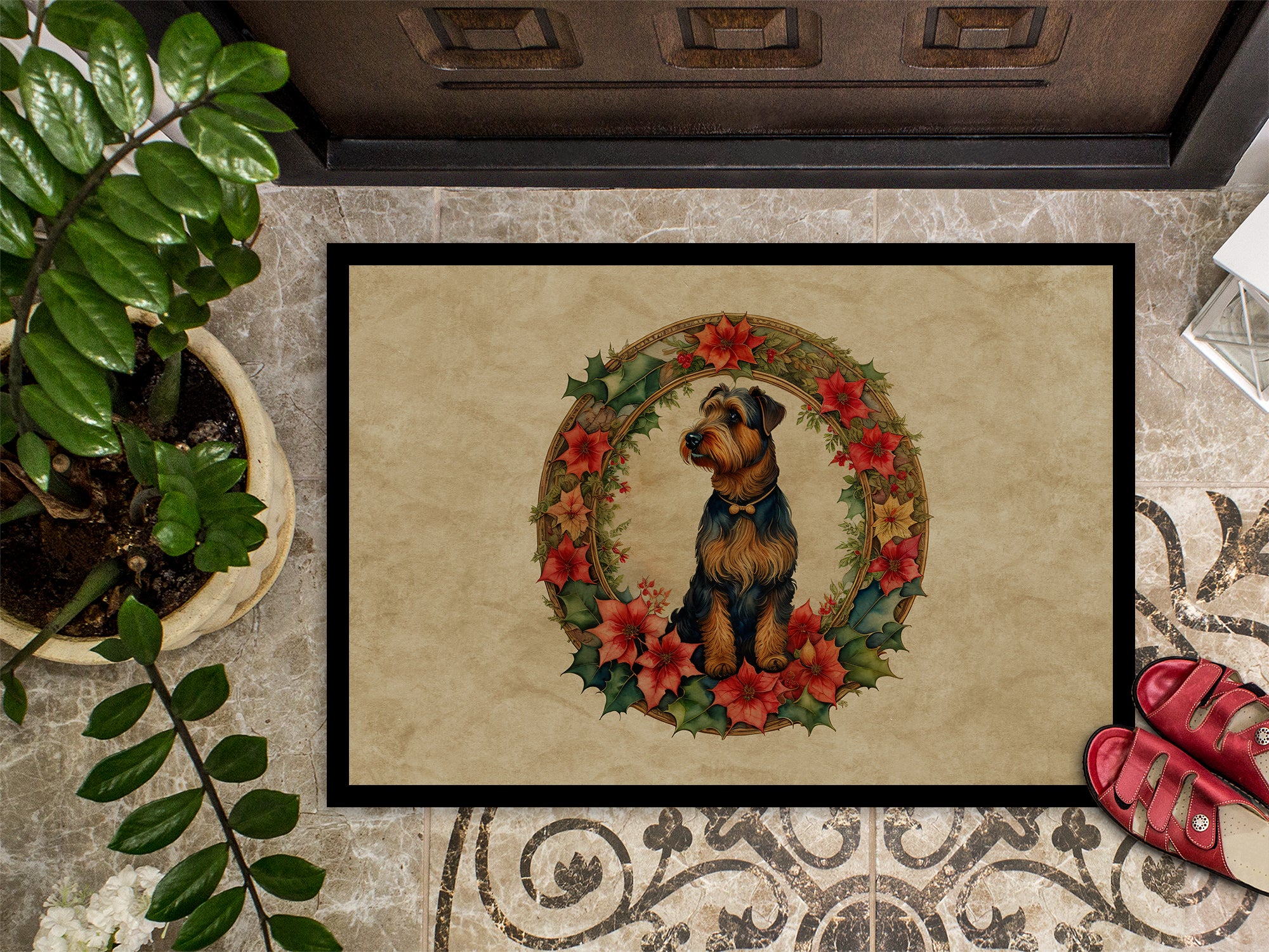 Airedale Terrier Christmas Flowers Doormat