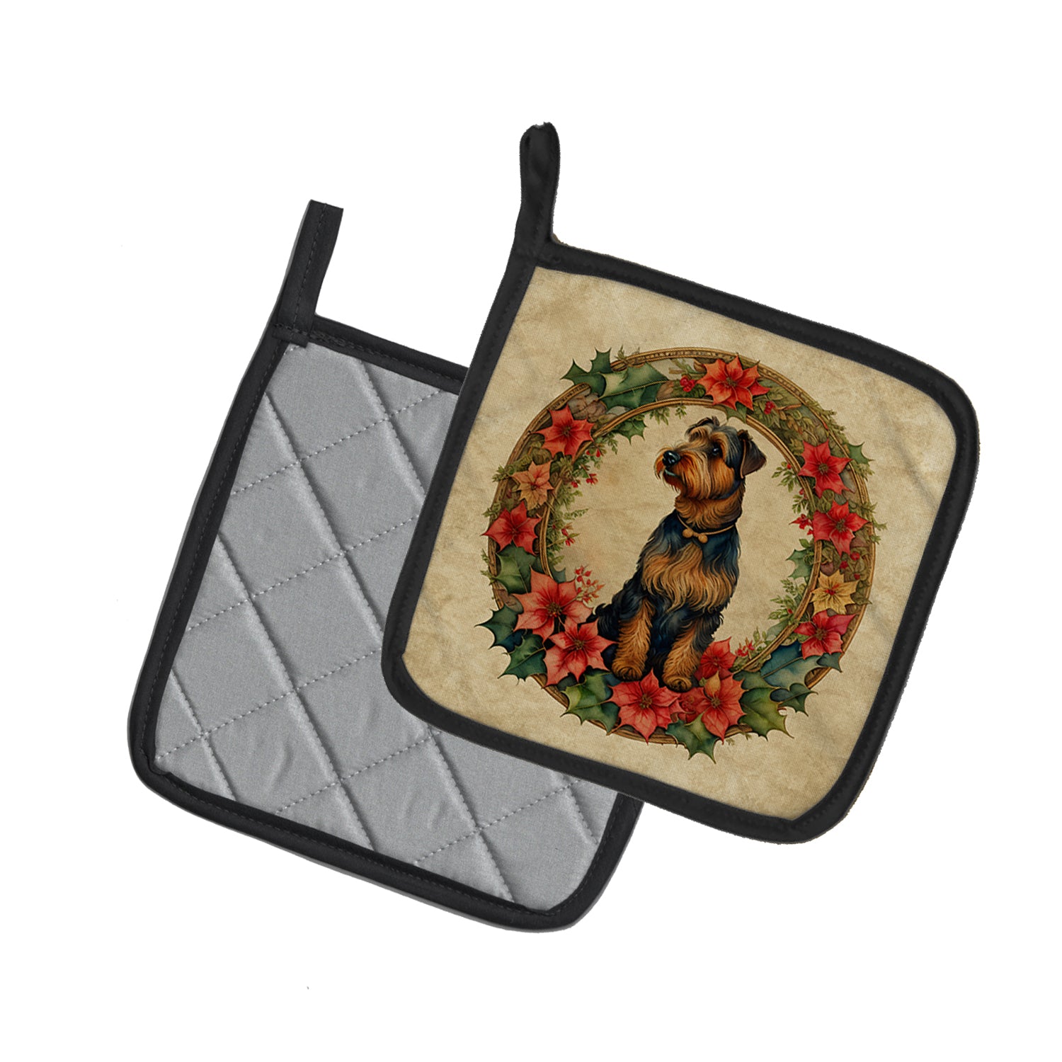 Airedale Terrier Christmas Flowers Pair of Pot Holders