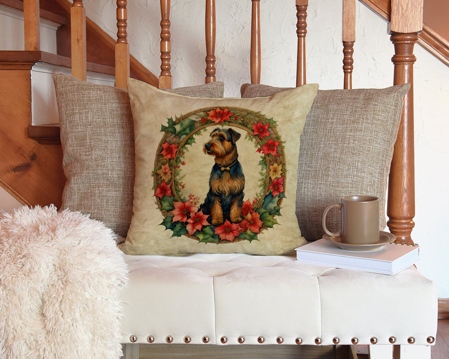 Airedale Terrier Christmas Flowers Throw Pillow