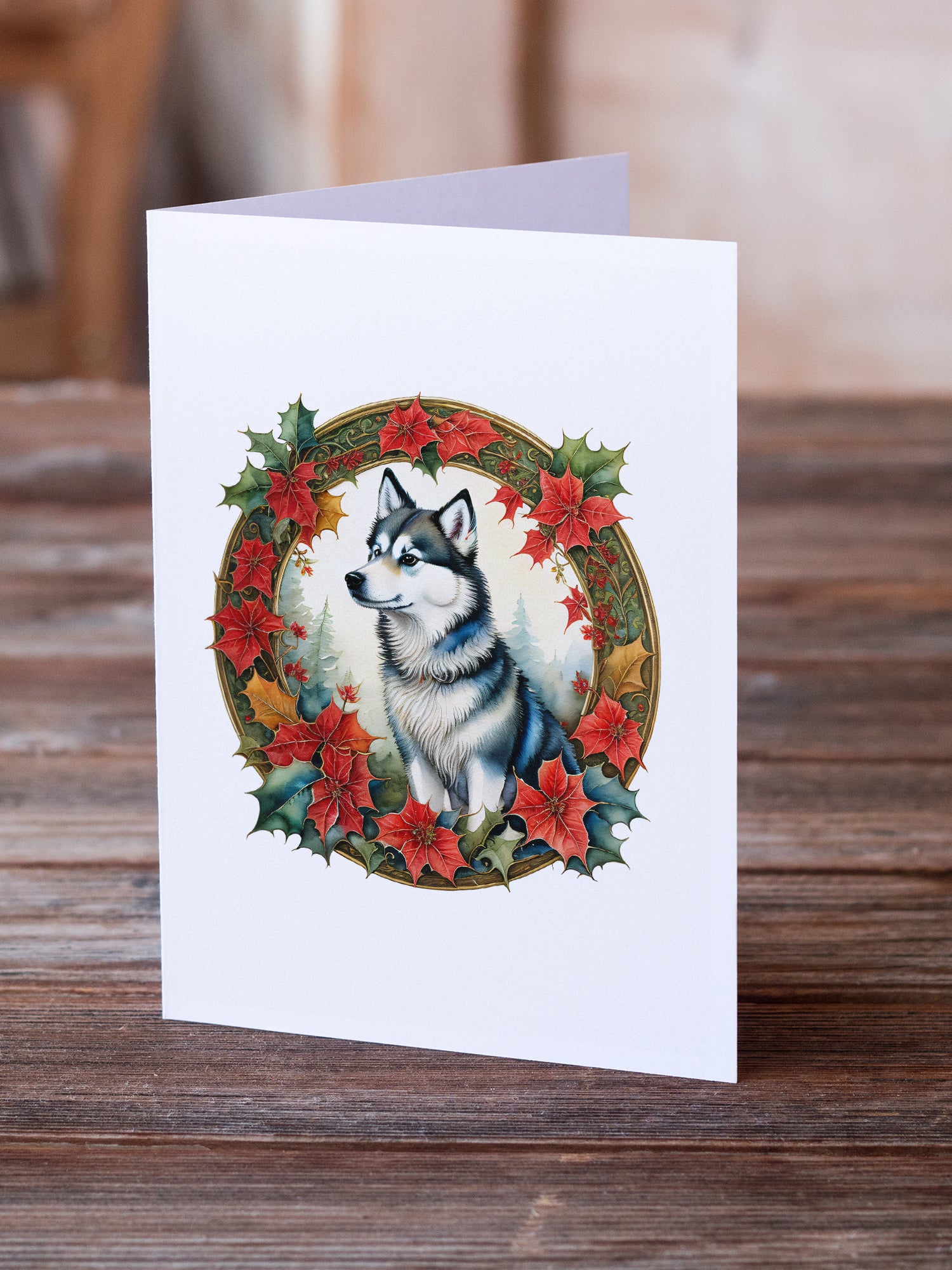 Alaskan Klee Kai Christmas Flowers Greeting Cards Pack of 8