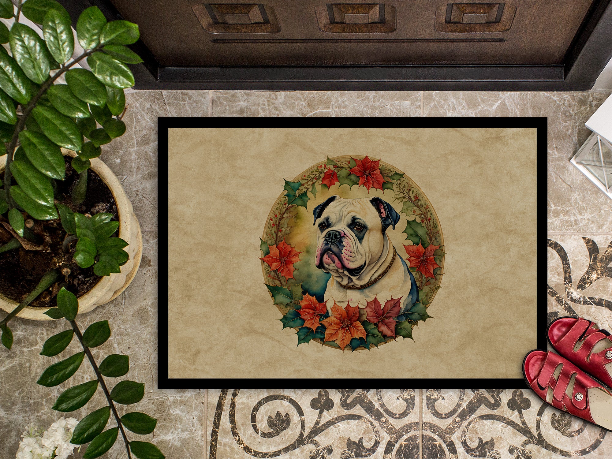 American Bulldog Christmas Flowers Doormat