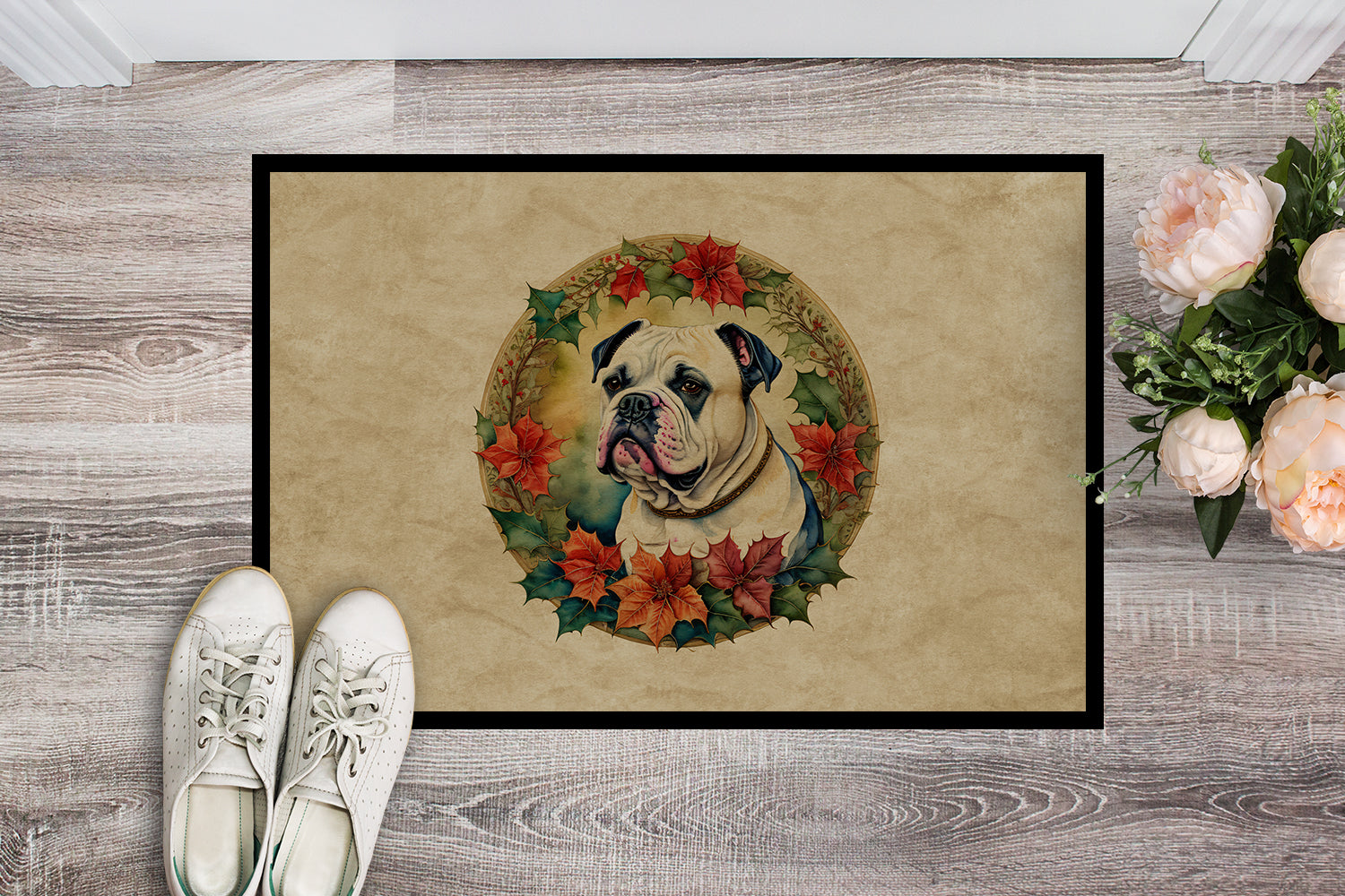 Caroline's Treasures American Bulldog Christmas Flowers Doormat