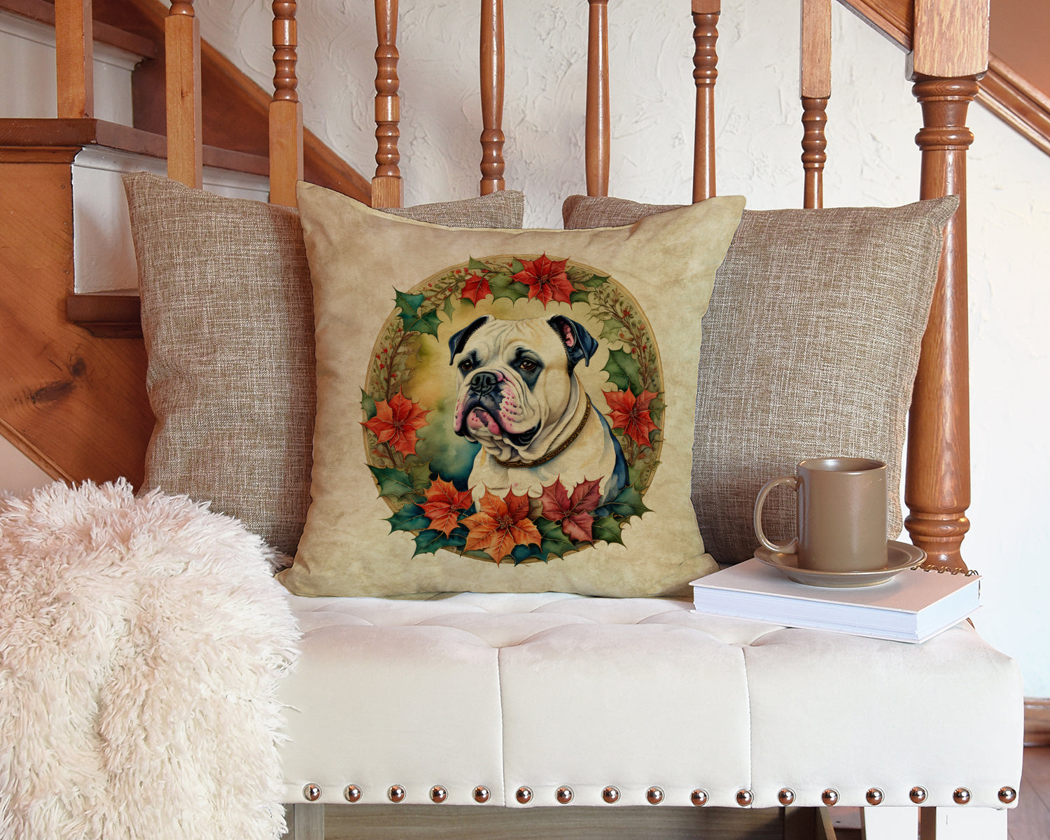 American Bulldog Christmas Flowers Throw Pillow