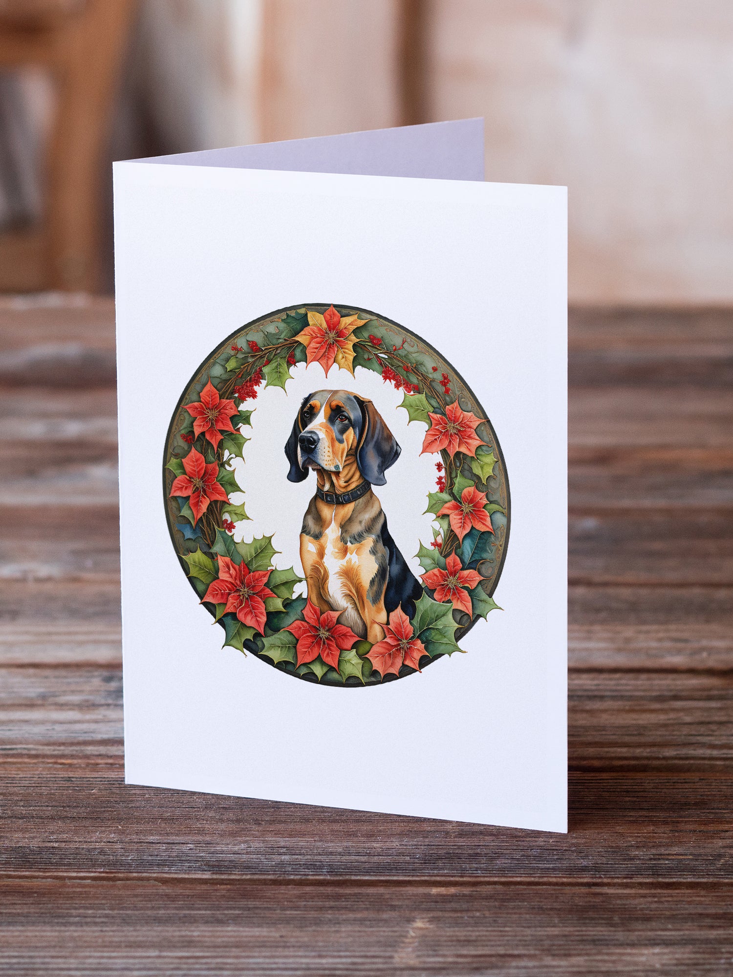 American English Coonhound Christmas Flowers Greeting Cards Pack of 8