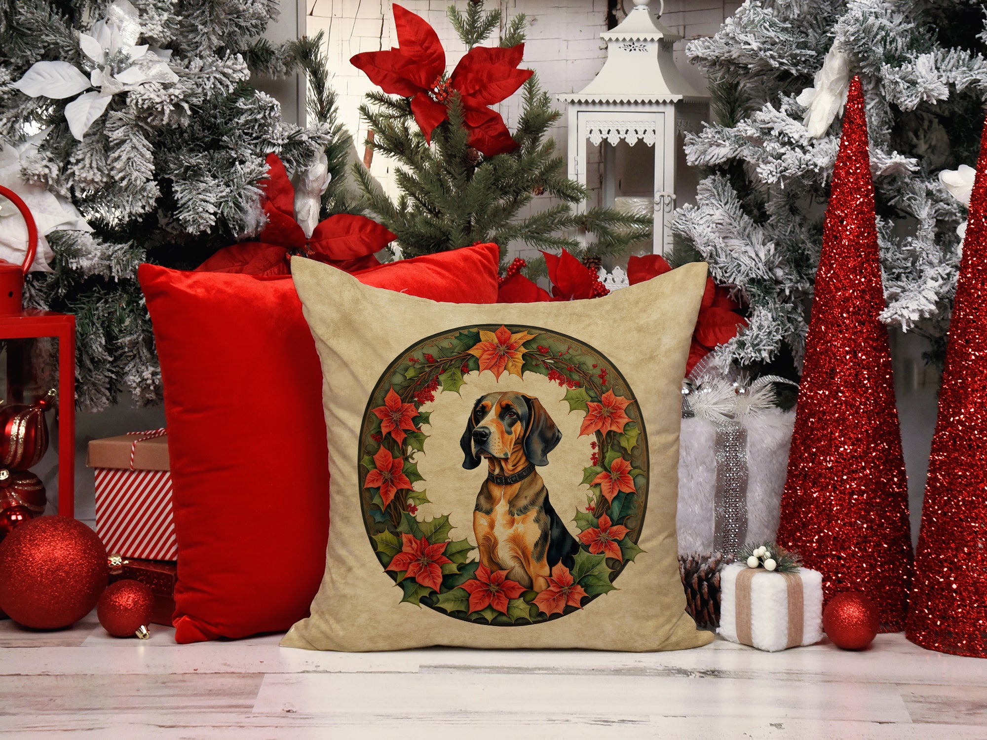 American English Coonhound Christmas Flowers Throw Pillow