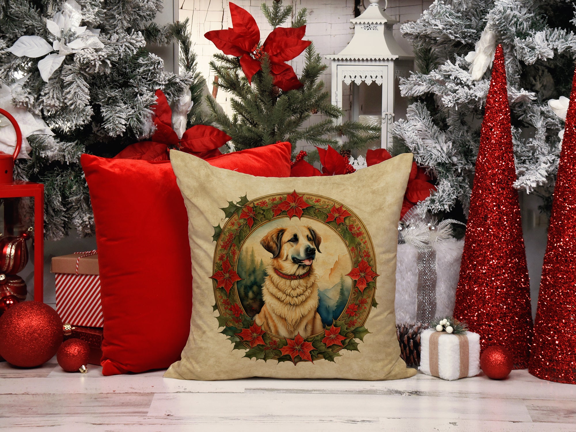 Anatolian Shepherd Dog Christmas Flowers Throw Pillow