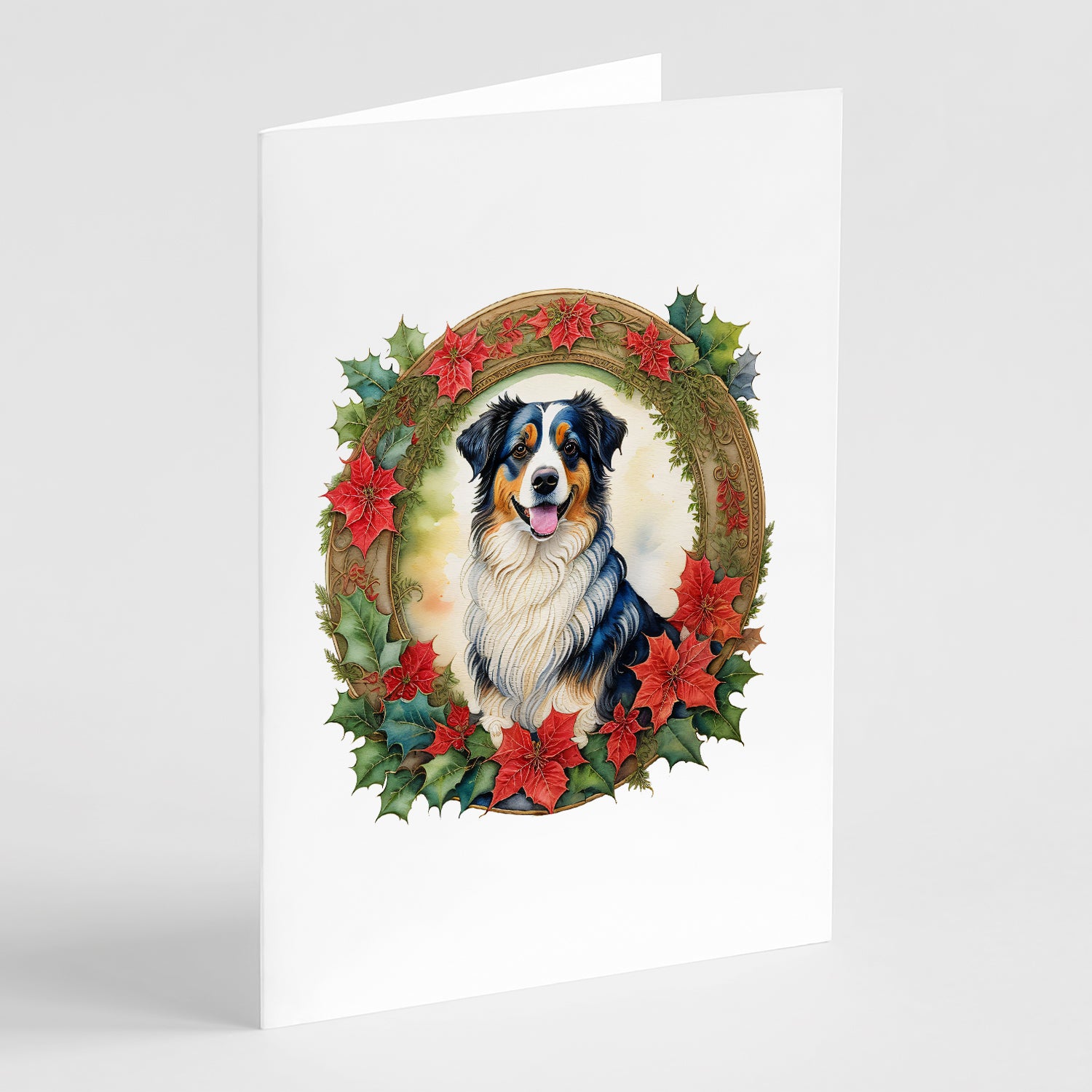 Buy this Australian Shepherd Christmas Flowers Greeting Cards Pack of 8