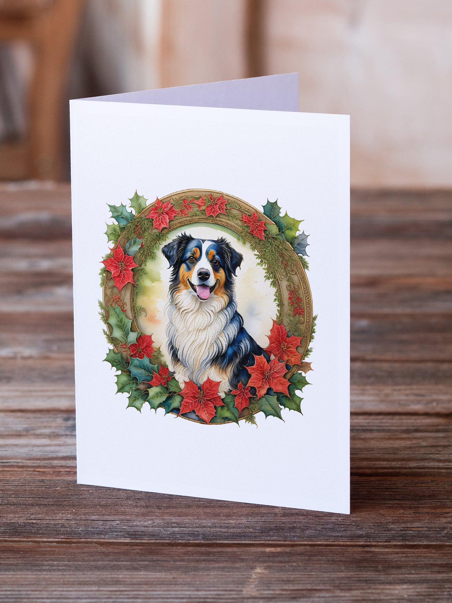 Buy this Australian Shepherd Christmas Flowers Greeting Cards Pack of 8