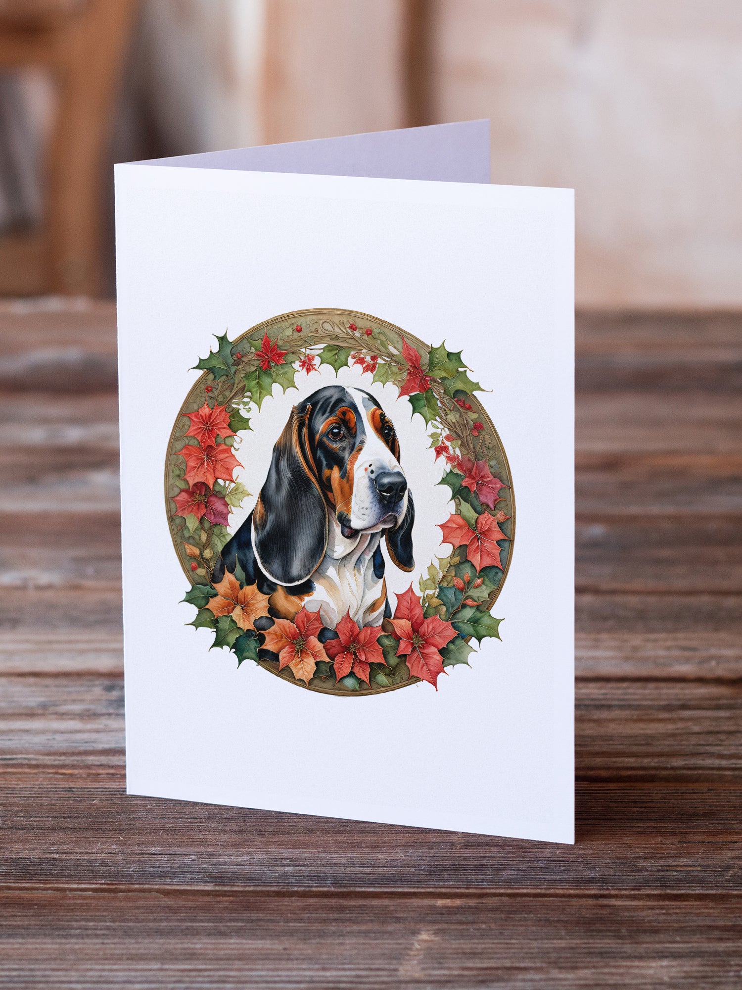 Basset Hound Christmas Flowers Greeting Cards Pack of 8