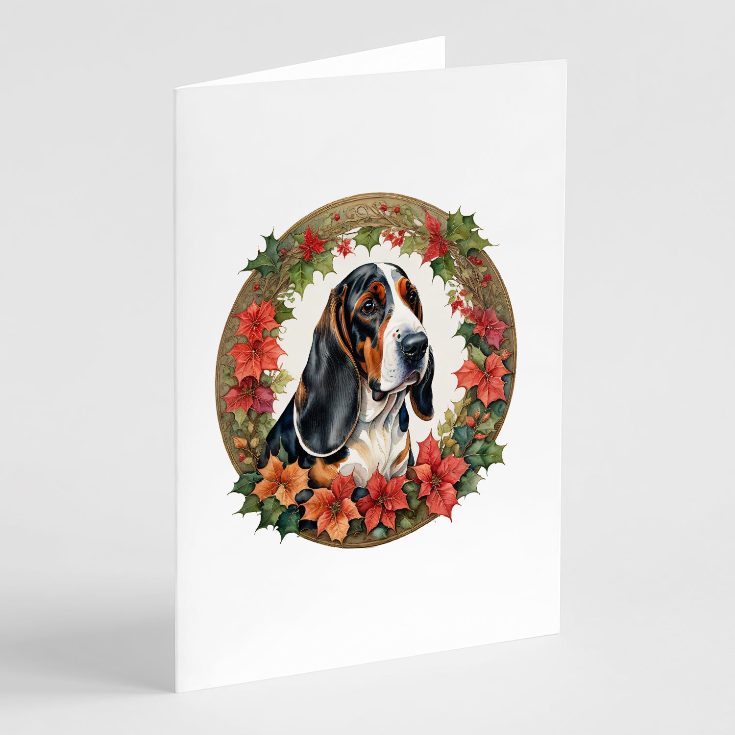 Buy this Basset Hound Christmas Flowers Greeting Cards Pack of 8