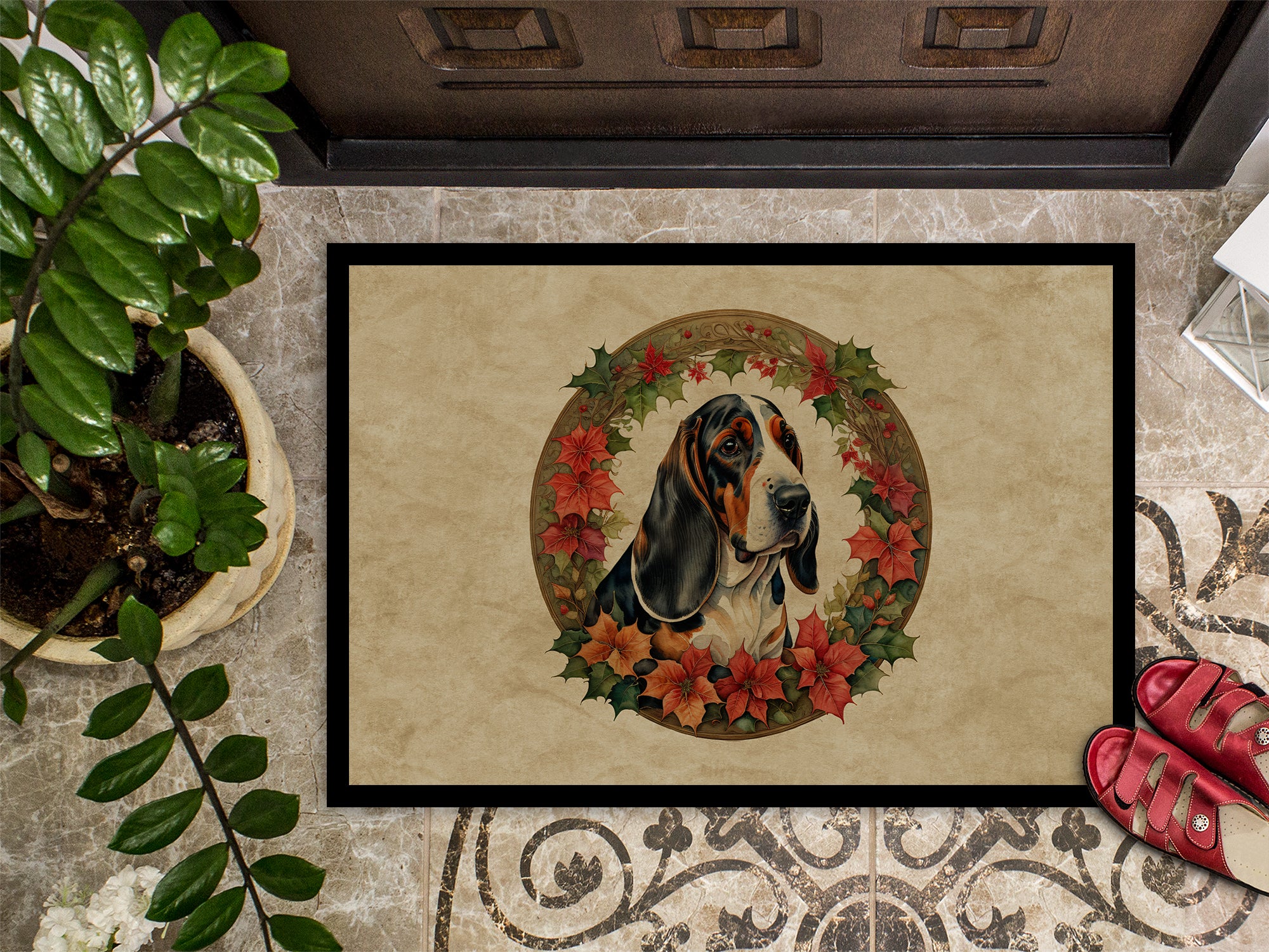 Basset Hound Christmas Flowers Doormat