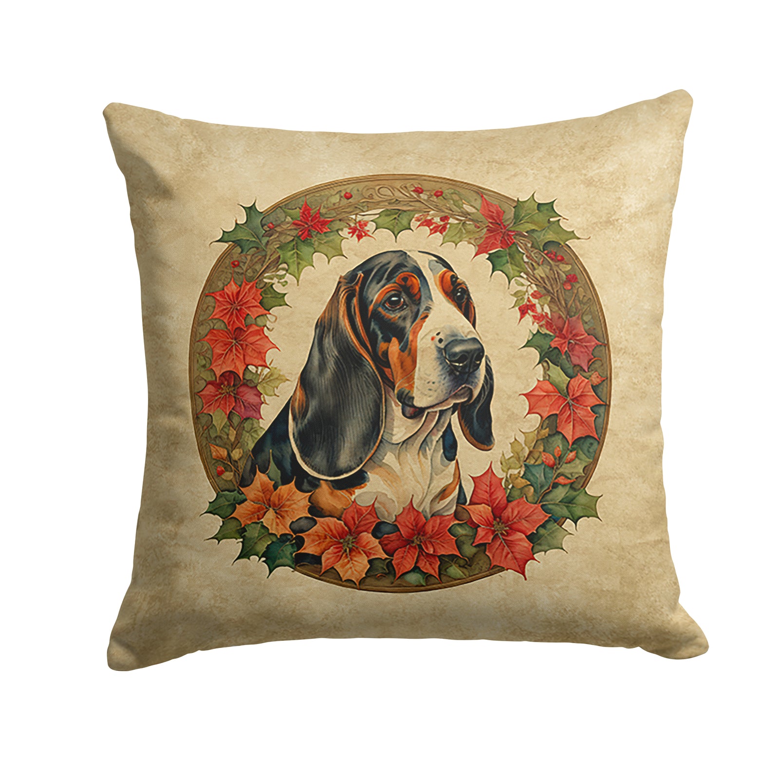 Buy this Basset Hound Christmas Flowers Throw Pillow