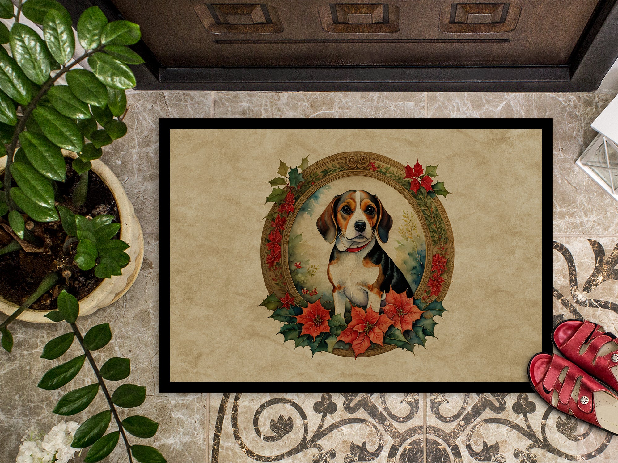 Beagle Christmas Flowers Doormat