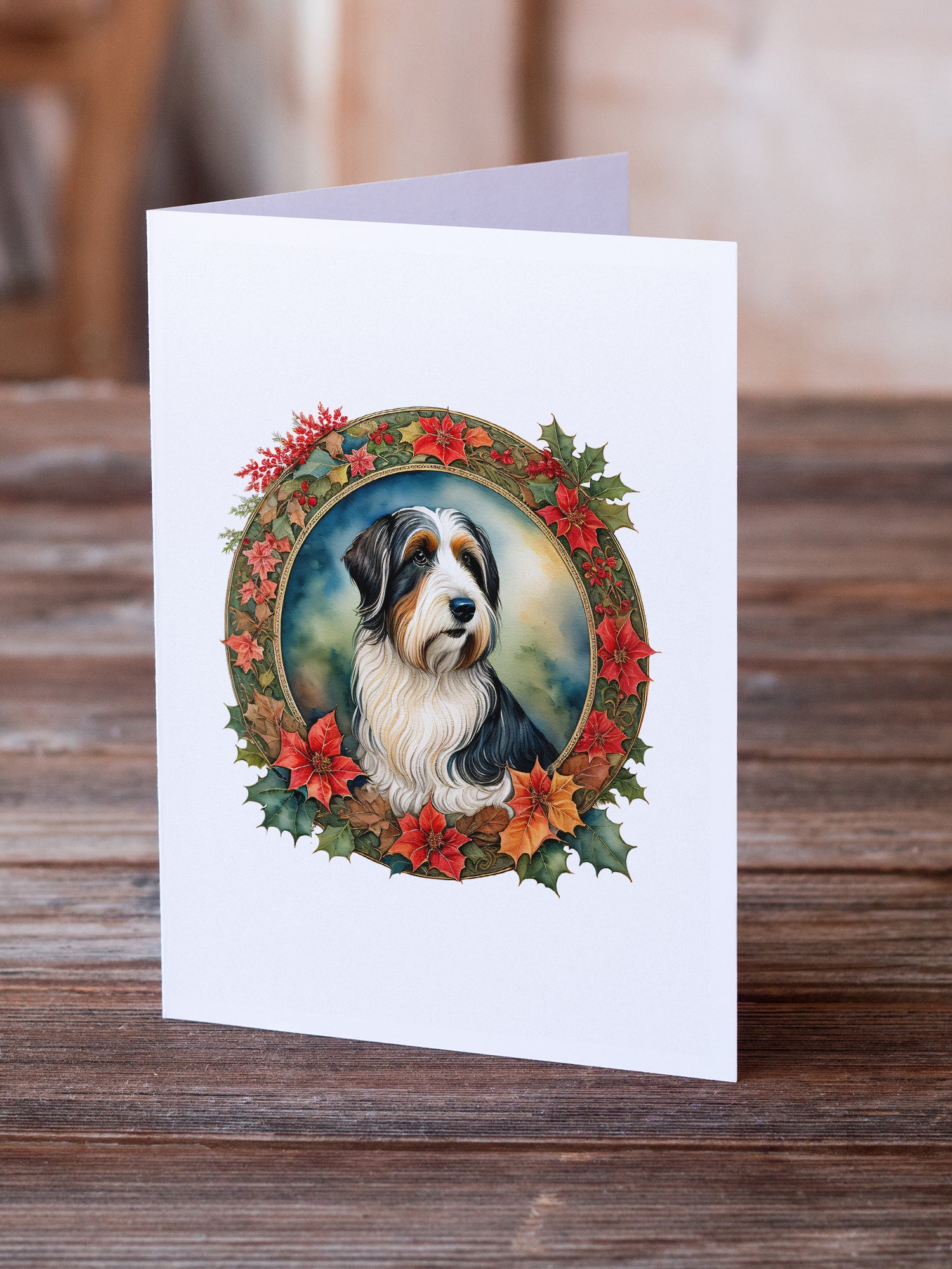 Bearded Collie Christmas Flowers Greeting Cards Pack of 8