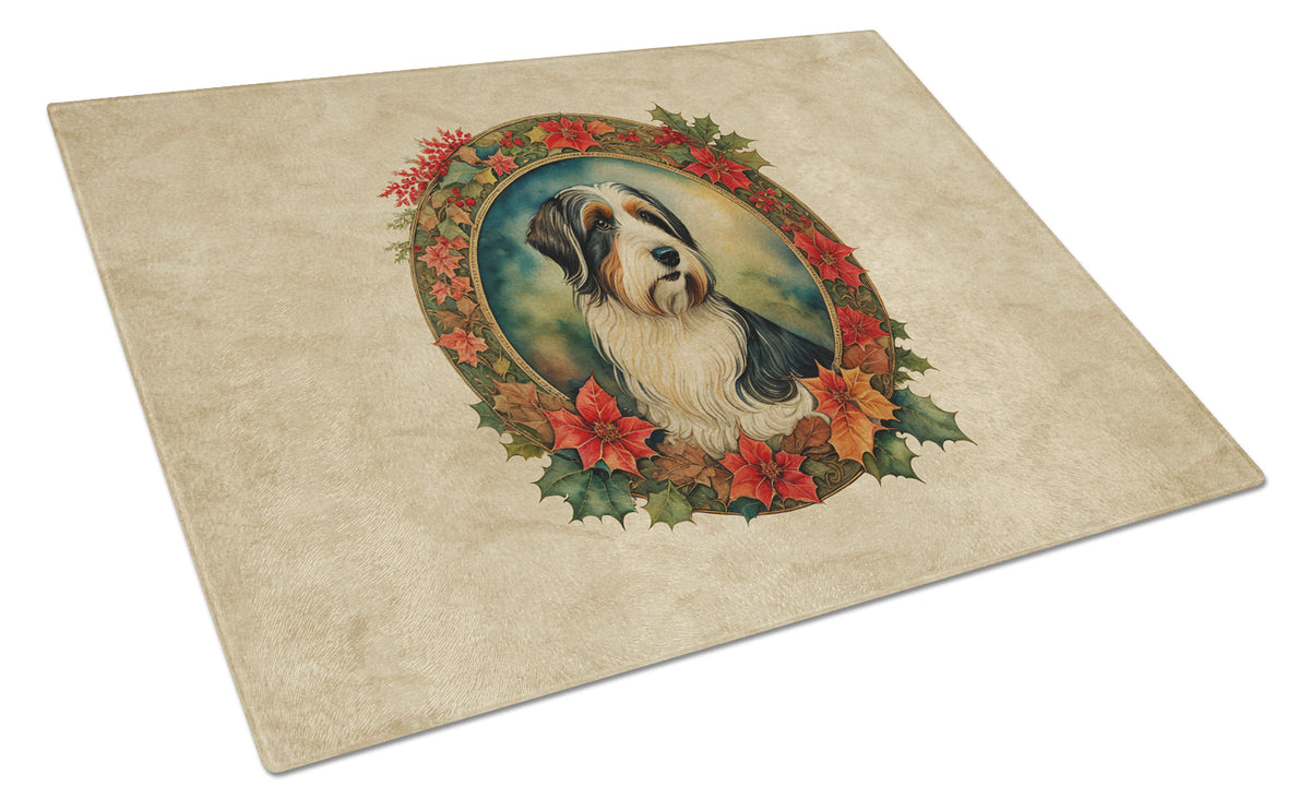 Buy this Bearded Collie Christmas Flowers Glass Cutting Board